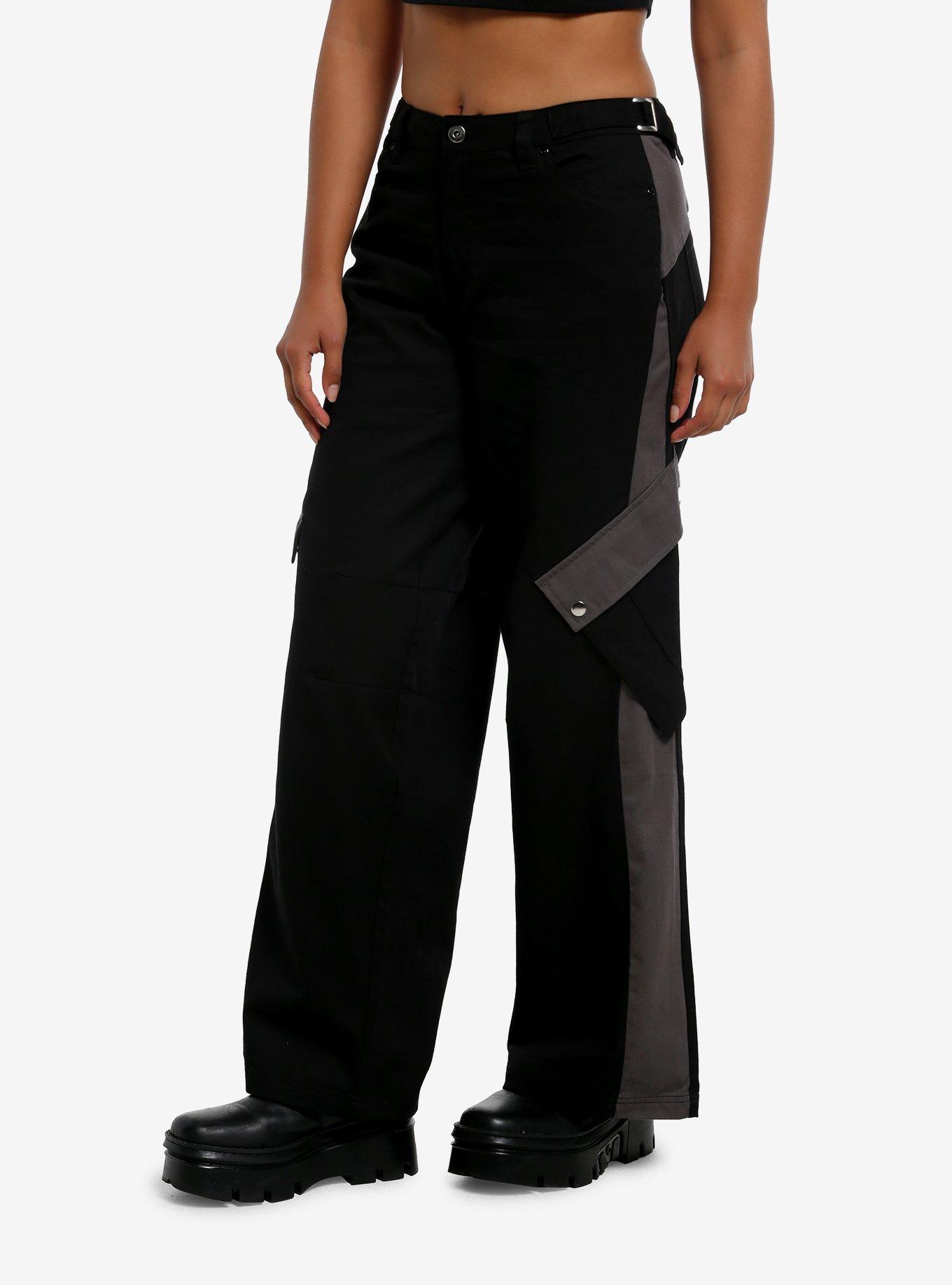 Social Collision Black & Grey Color-Block Low-Rise Cargo Pants, , hi-res