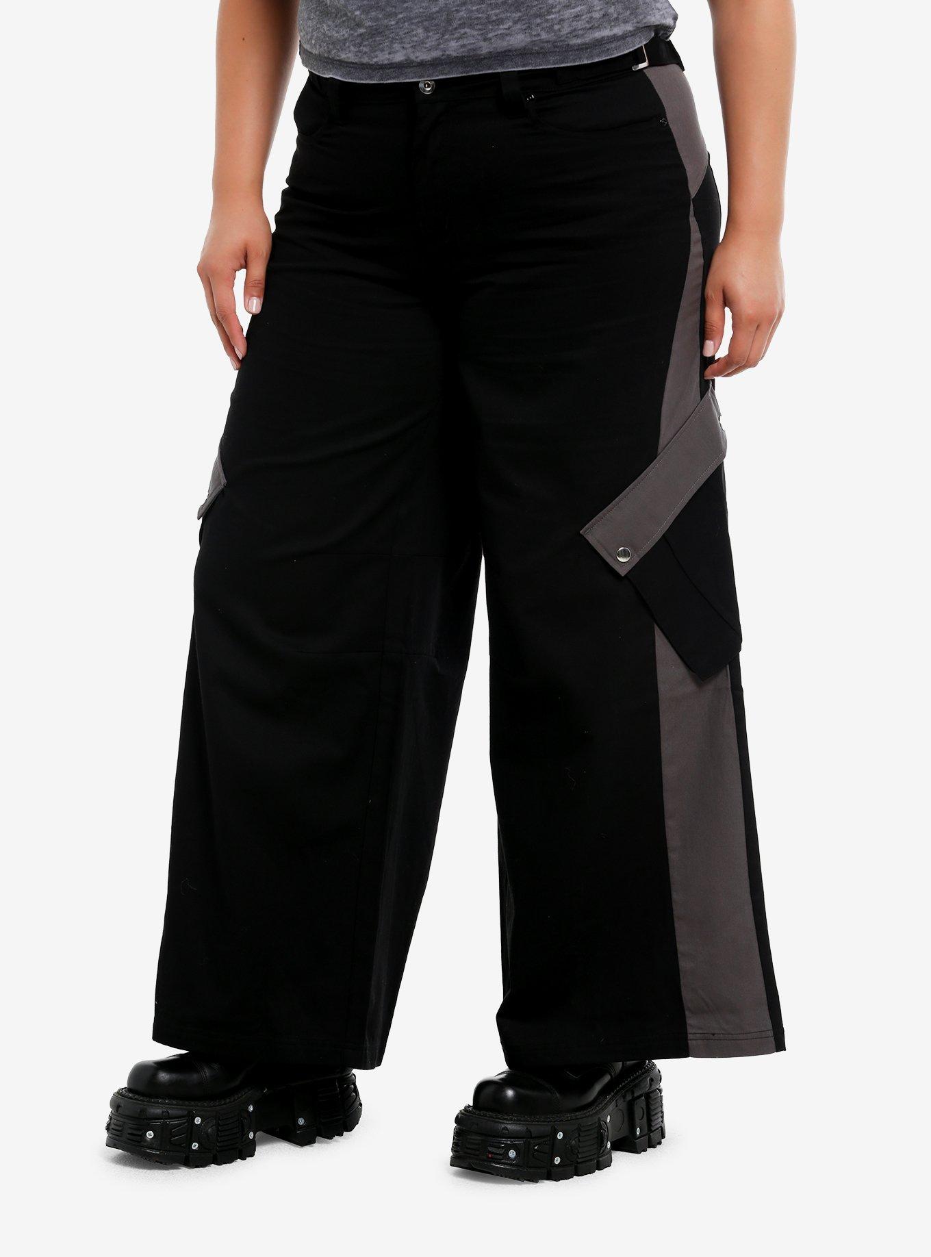 Social Collision Black & Grey Color-Block Low-Rise Cargo Pants Plus Size, , hi-res