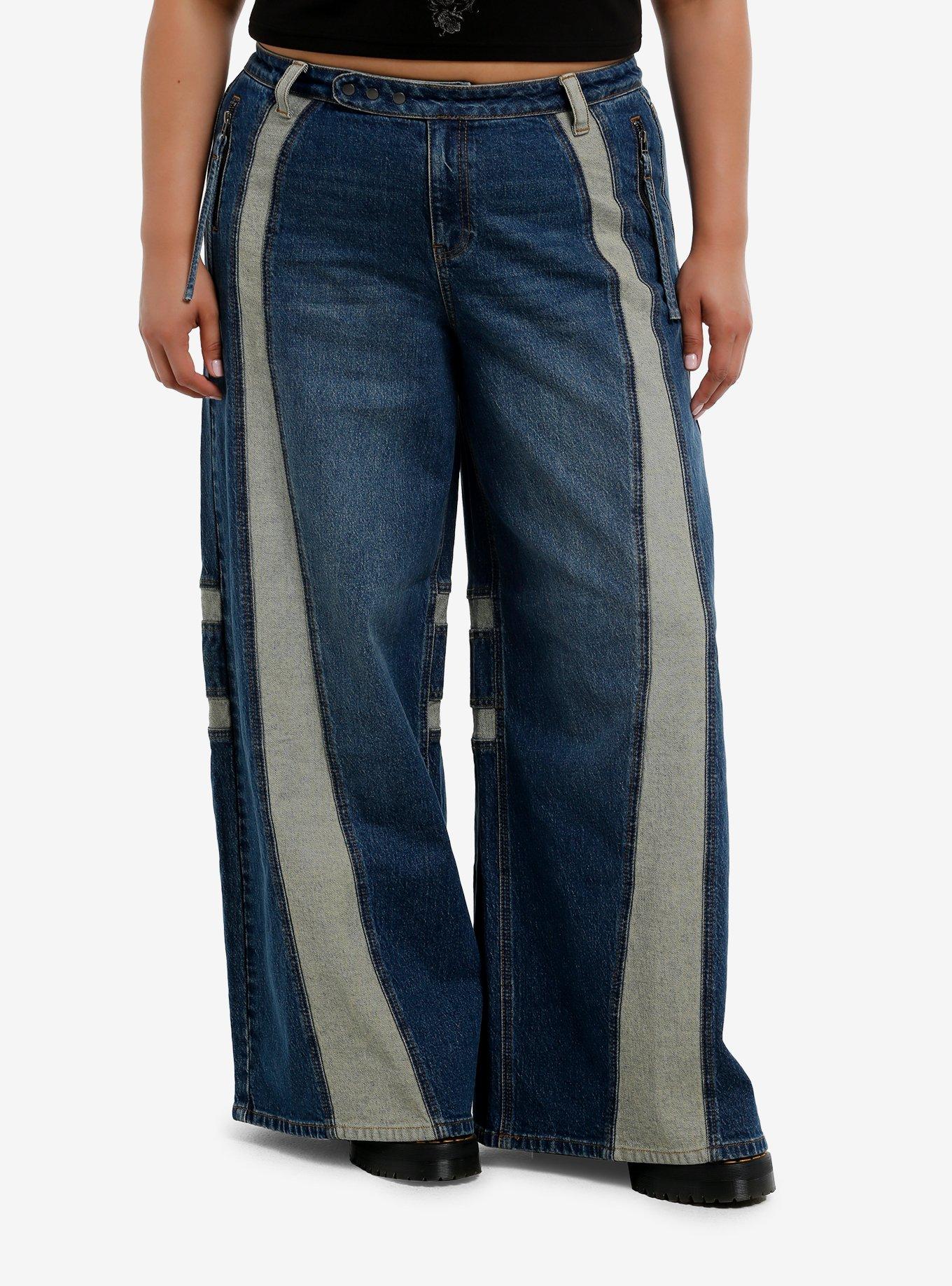 Social Collision Contrast Panels Wide Leg Jeans Plus Size, , hi-res