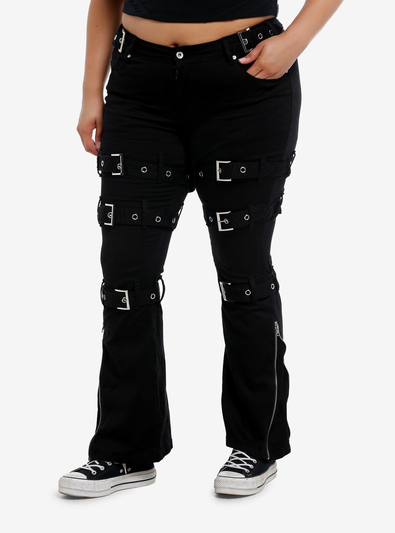 Social Collison Black Grommet Buckle Strap Low-Rise Flare Pants Plus Size, , hi-res