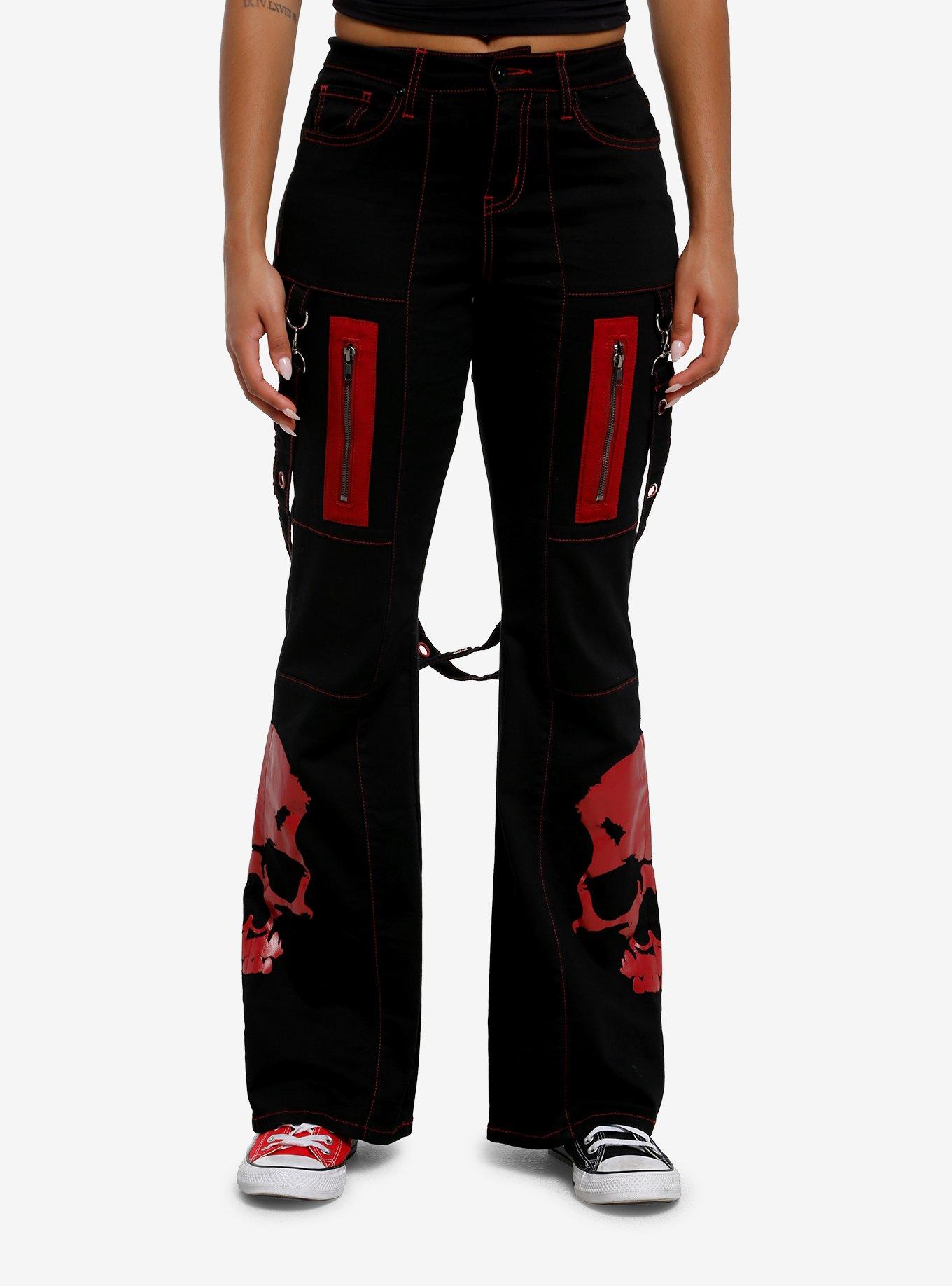Social Collision Black & Red Contrast Stitch Skull Suspender Flare Pants, , hi-res