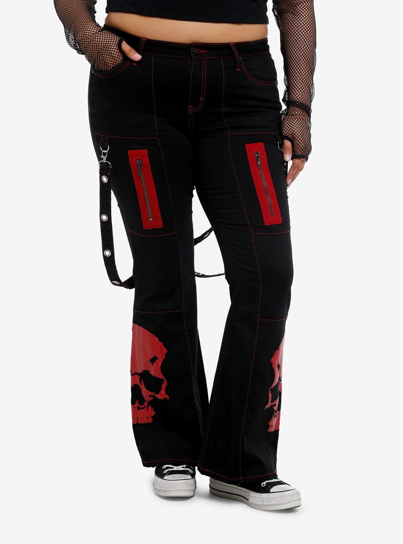 Social Collision Black & Red Contrast Stitch Skull Suspender Flare Pants Plus Size, , hi-res