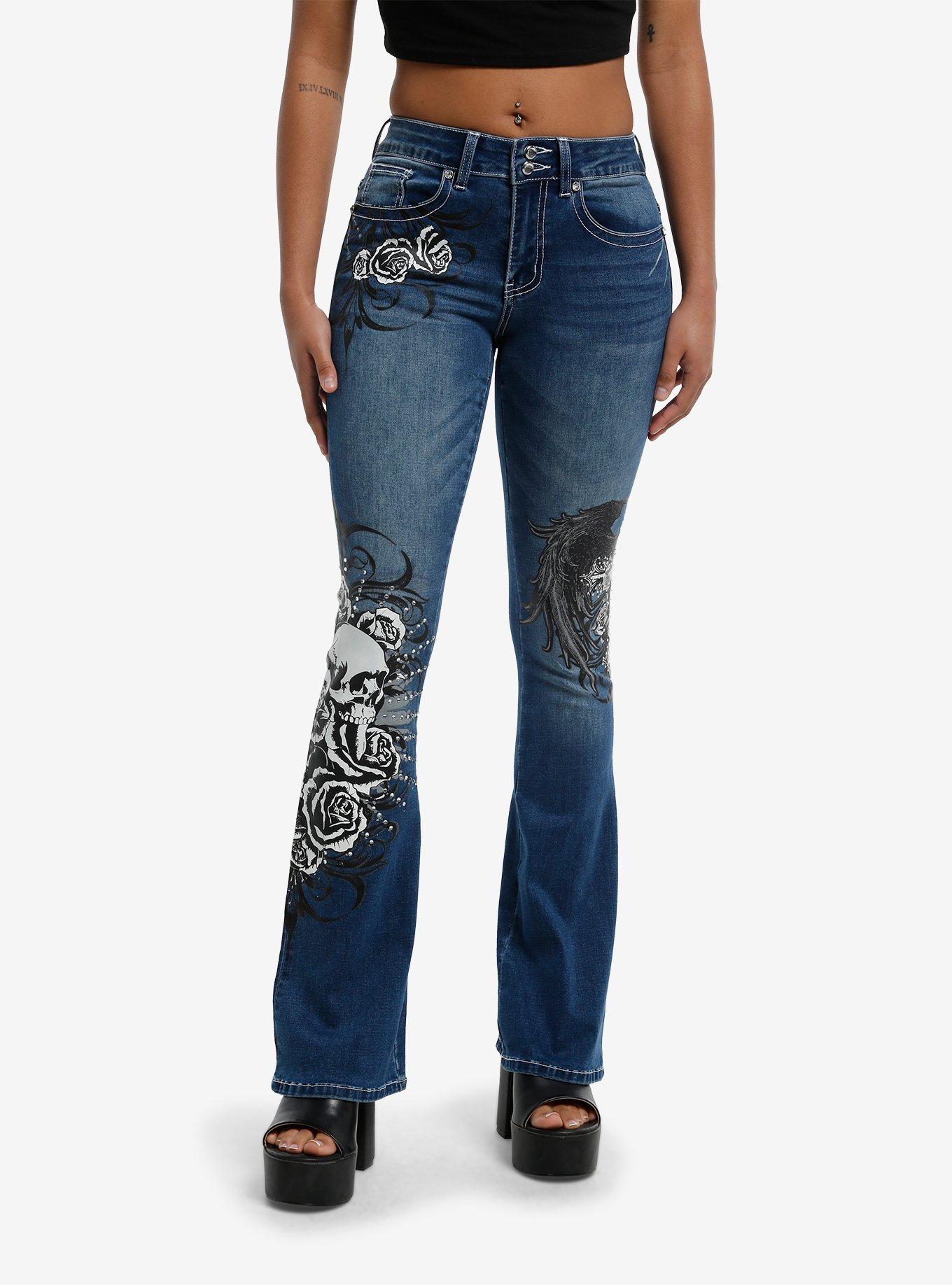 Social Collision Skull Rose Rhinestone Flare Denim Pants, , hi-res