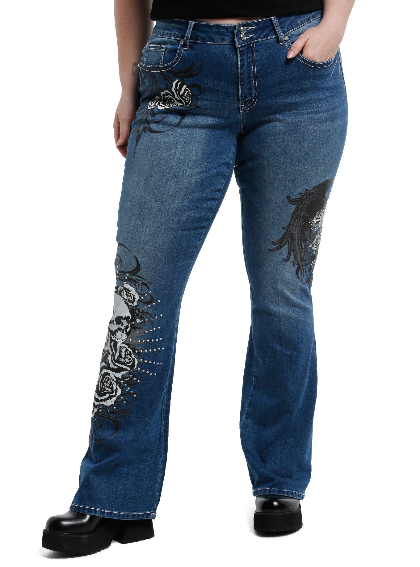 Social Collision Skull Rose Rhinestone Flare Denim Pants Plus Size, , hi-res