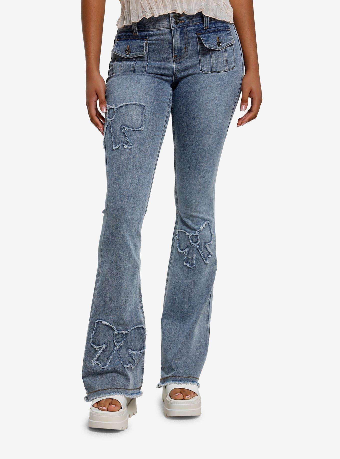 Bow Patch Light Indigo Low Rise Jeans, BLUE, hi-res