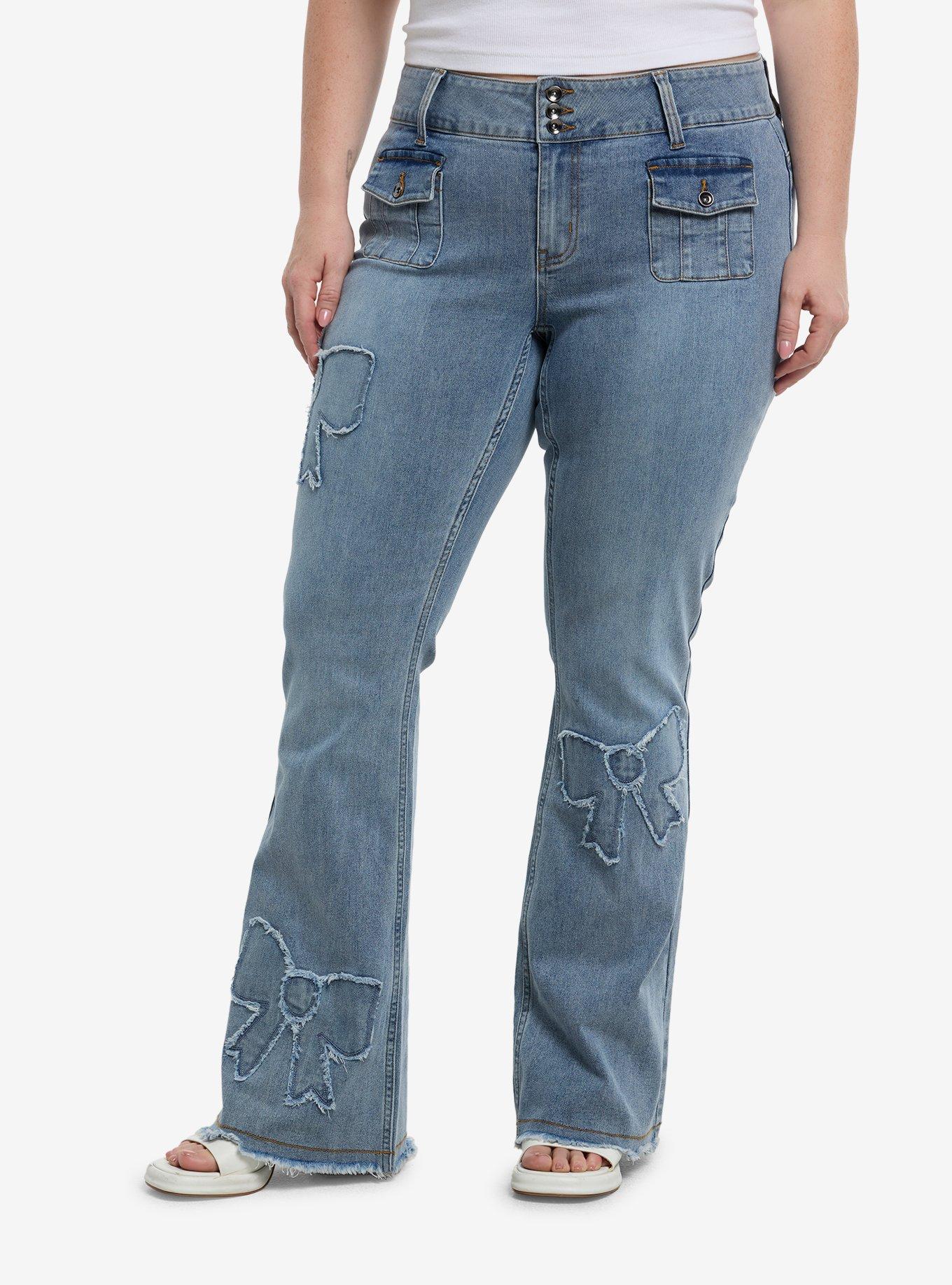 Bow Patch Light Indigo Low Rise Jeans Plus Size, , hi-res