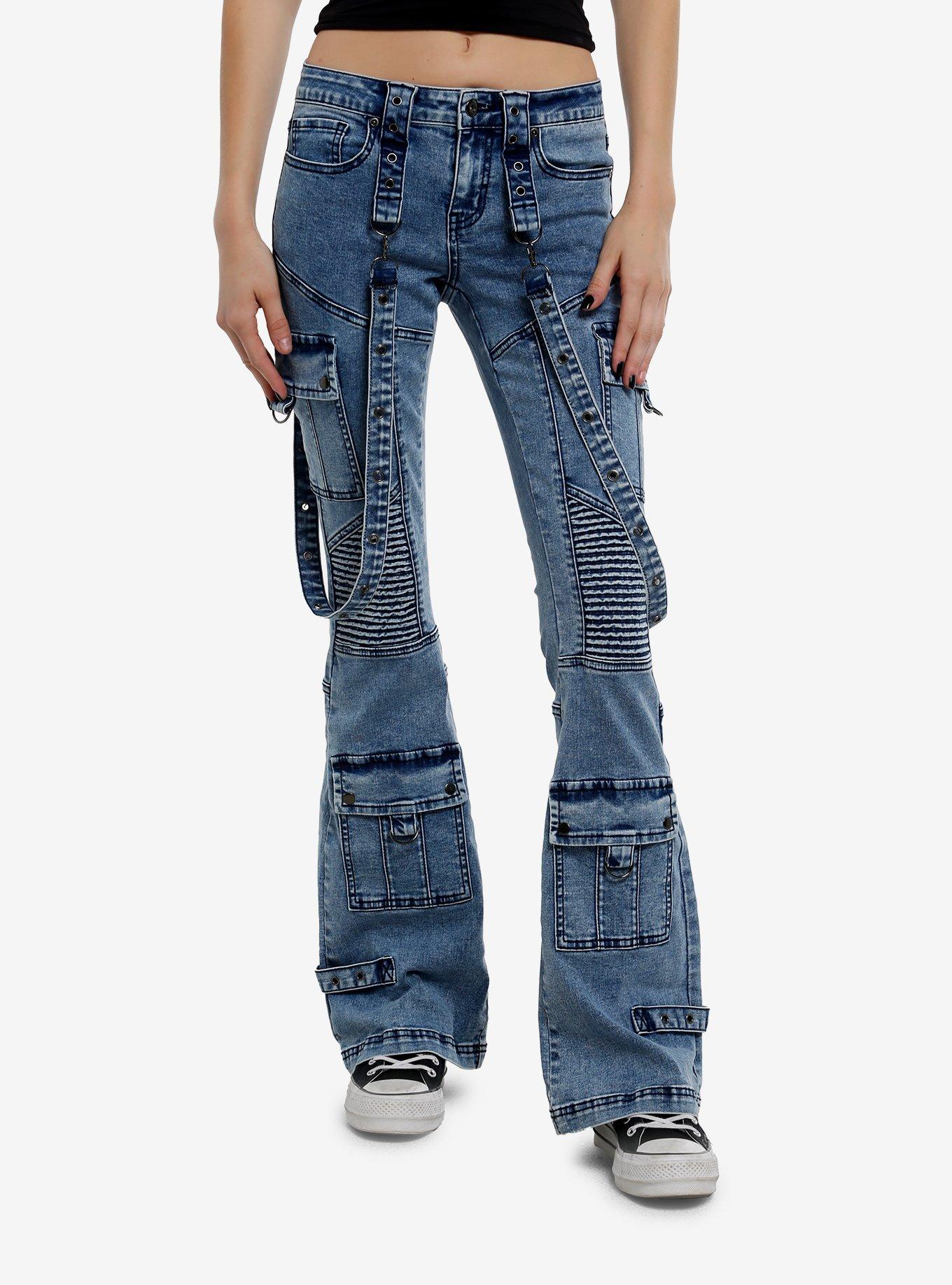 Social Collision Acid Wash Moto Suspender Low-Rise Flare Jeans, , hi-res