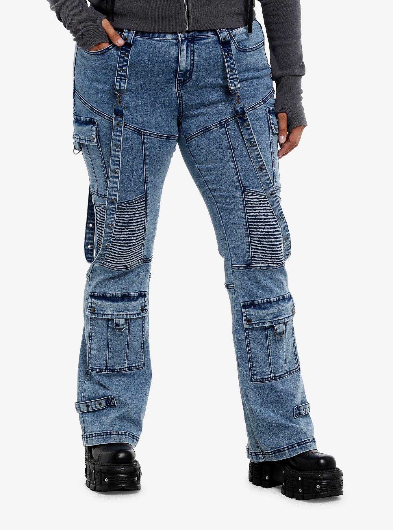 Social Collision Acid Wash Moto Suspender Low-Rise Flare Jeans Plus Size, , hi-res