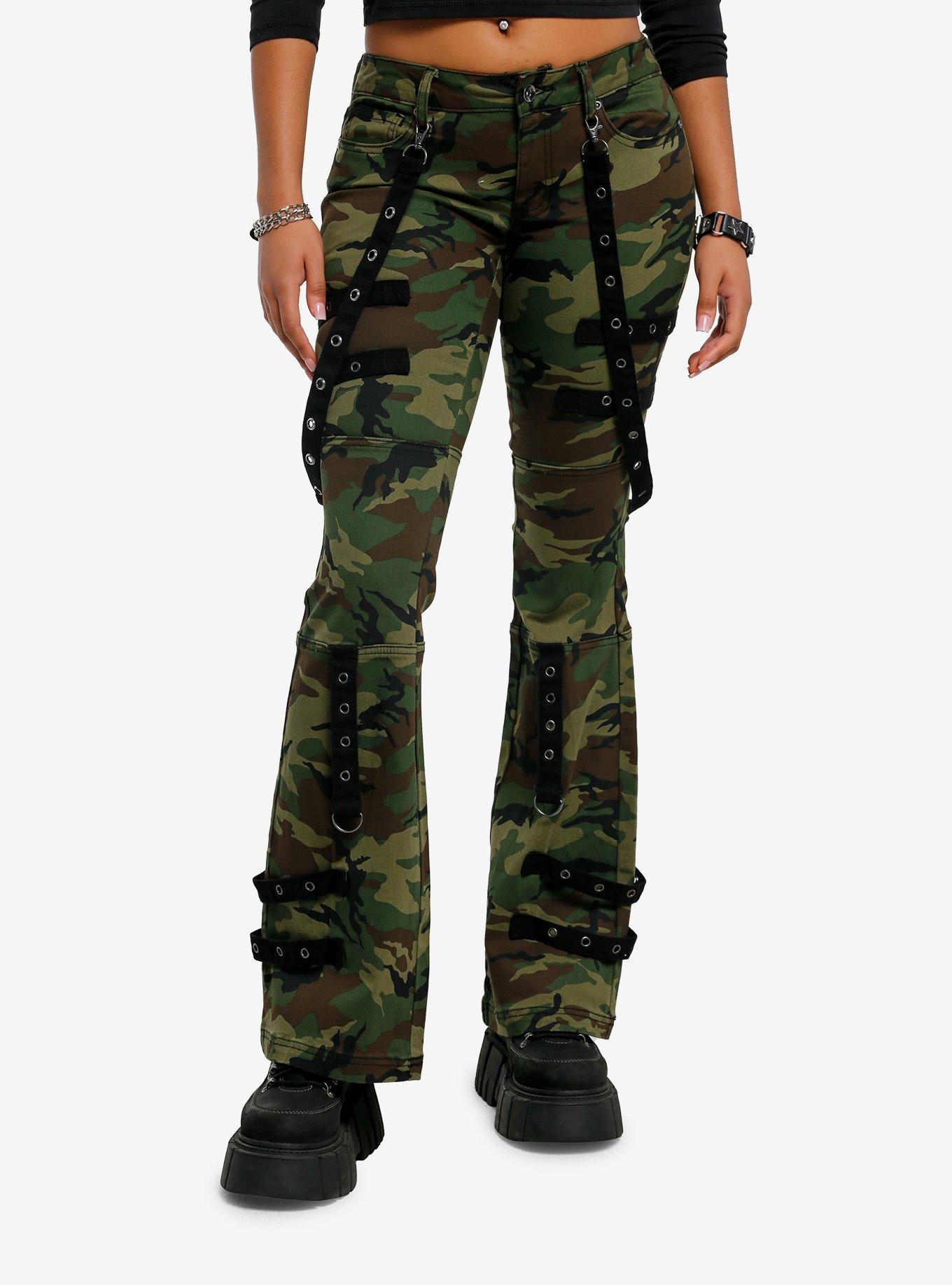 Social Collision Camouflage Grommet Suspender Low Rise Flare Pants, CAMO, hi-res