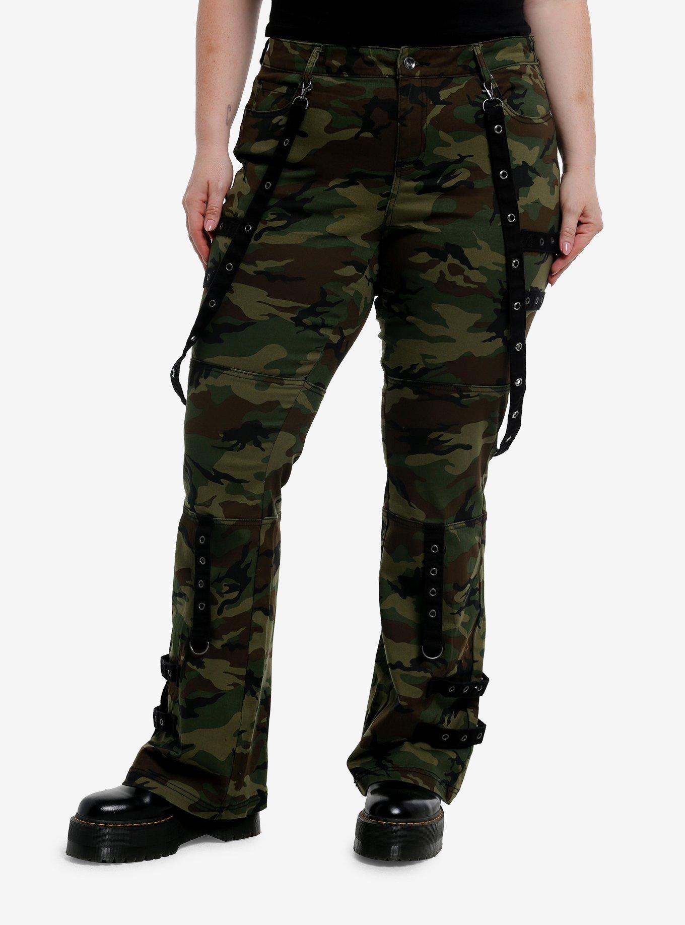 Social Collision Camouflage Grommet Suspender Low Rise Flare Pants Plus Size, , hi-res