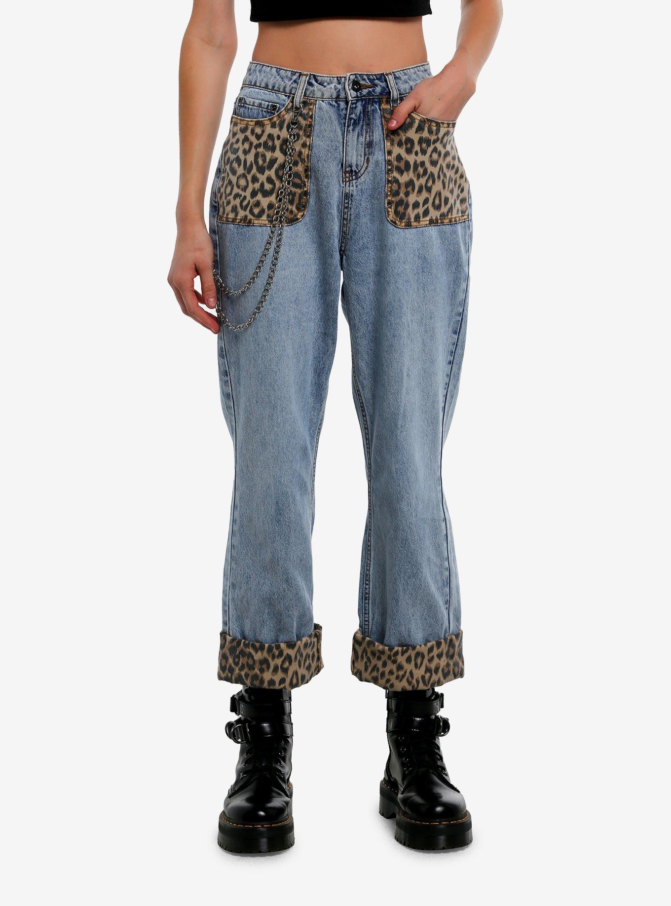 Leopard Detail Mom Jeans With Side Chain, , hi-res