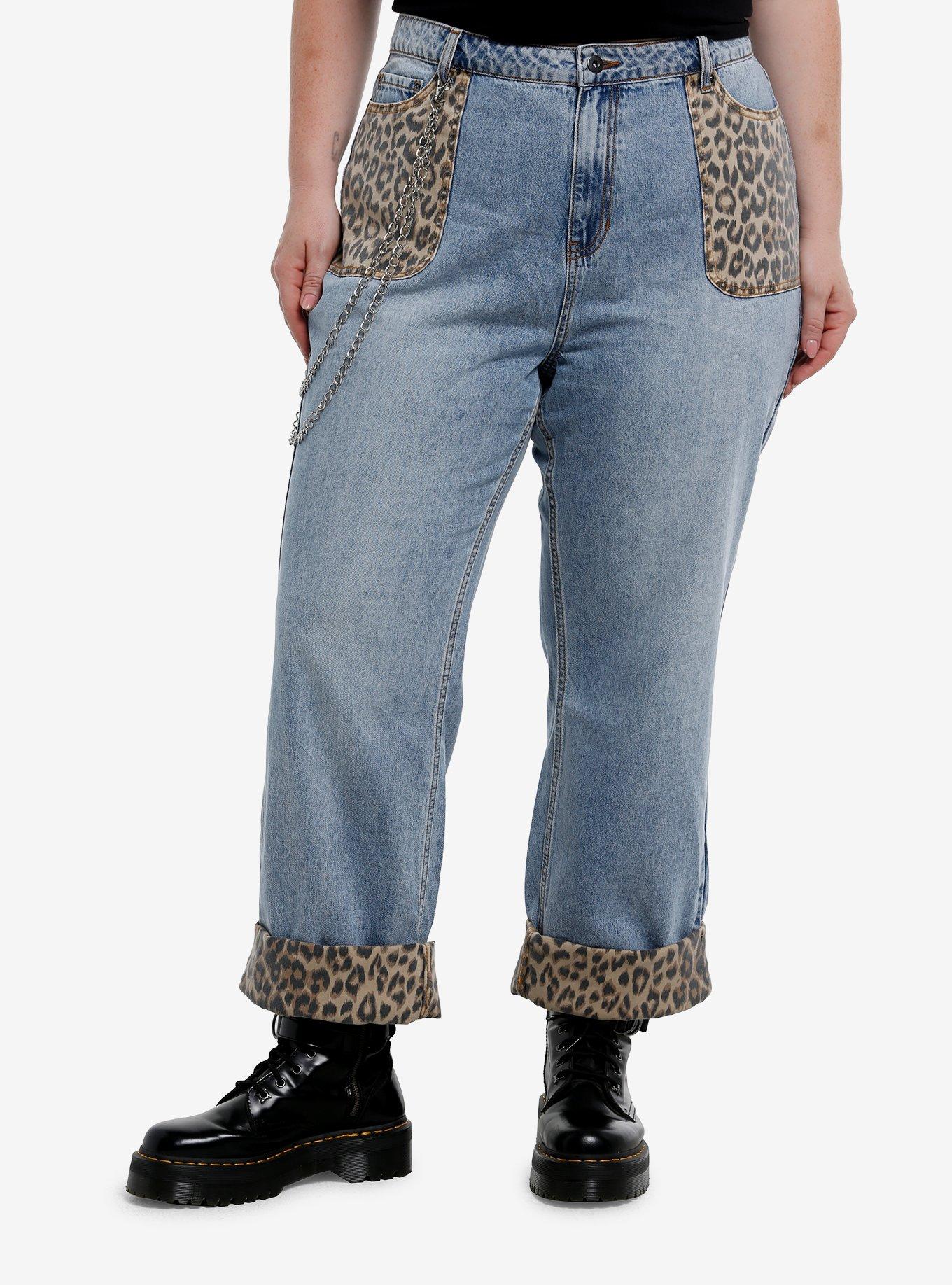 Leopard Detail Mom Jeans With Side Chain Plus Size, , hi-res