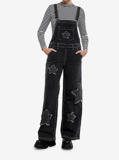 Social Collision Washed Black Star Patch Denim Overalls