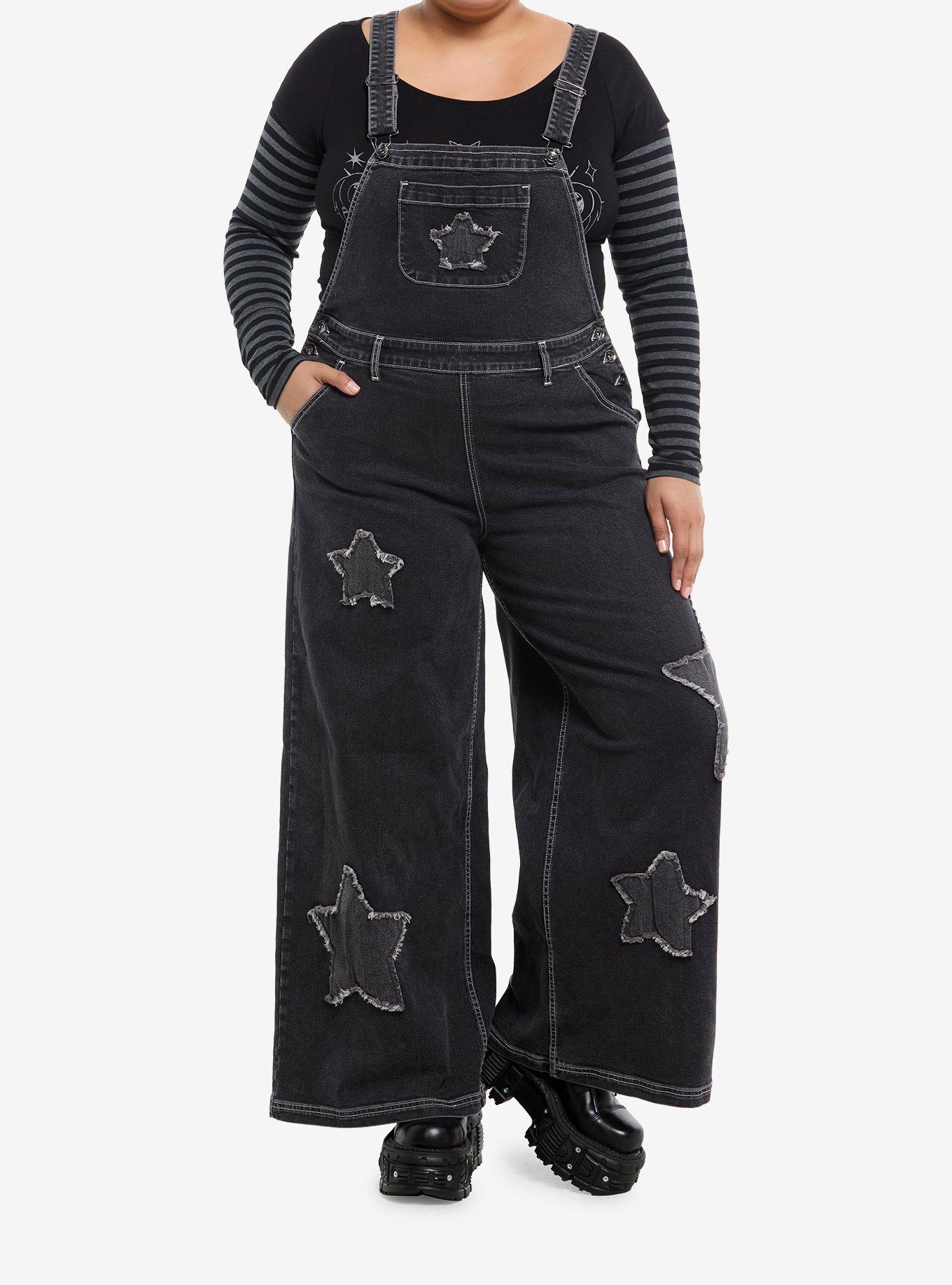 Social Collision Washed Black Star Patch Denim Overalls Plus Size, , hi-res