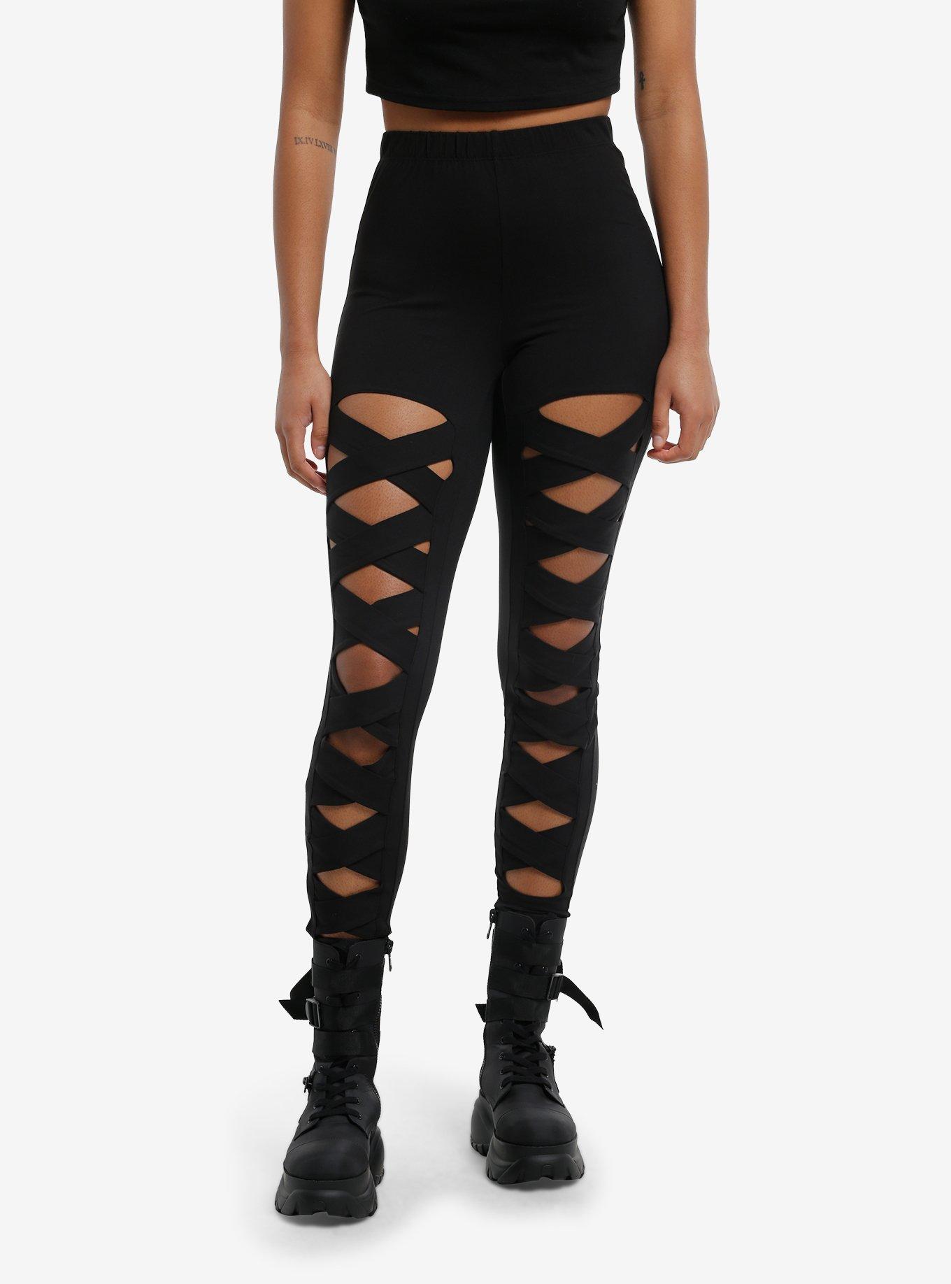Black Strappy Cutout Leggings, , hi-res