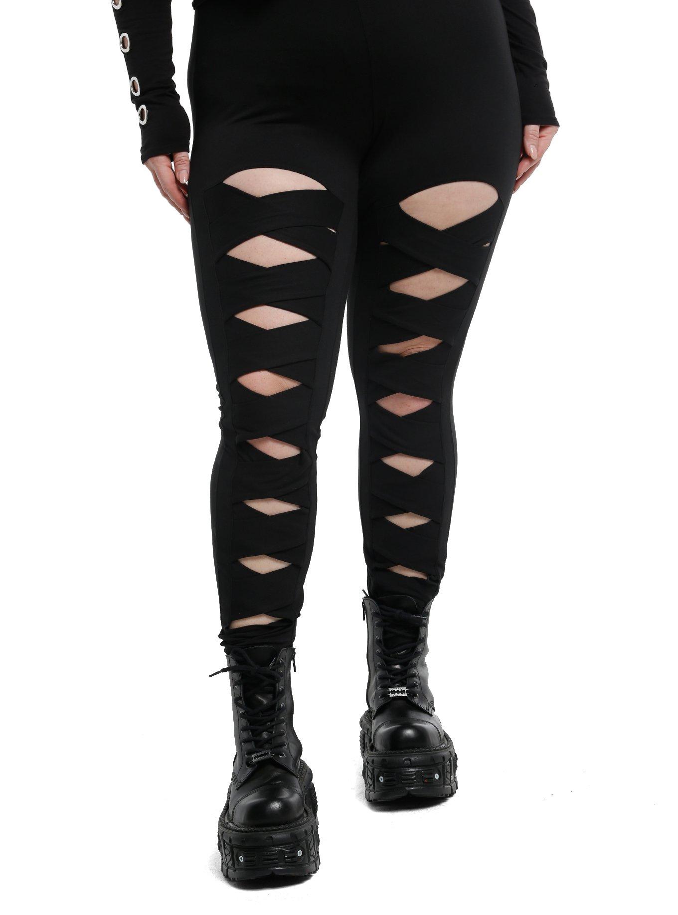 Black Strappy Cutout Leggings Plus Size, , hi-res