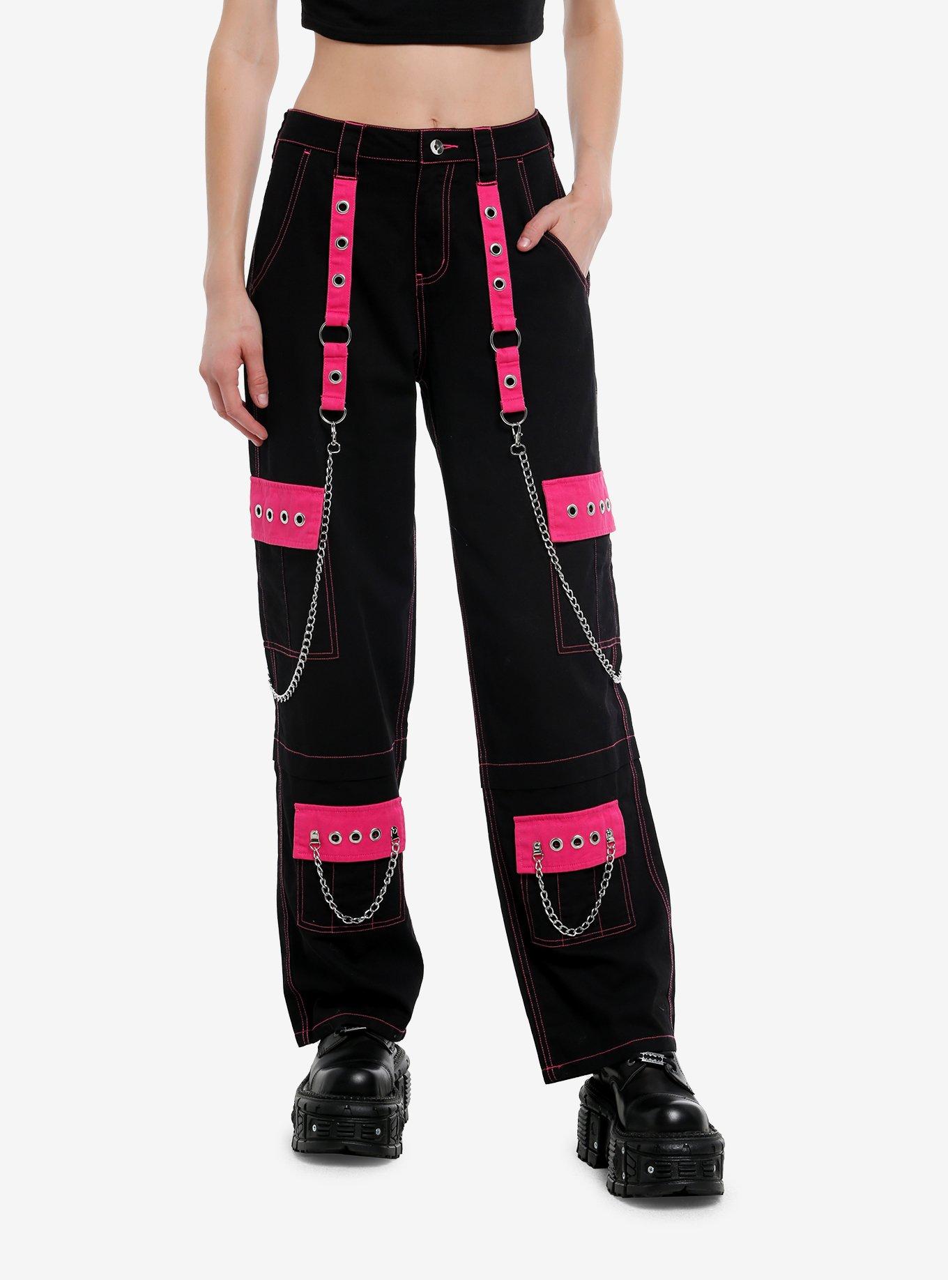 Hot Pink & Black Grommet Chain Carpenter Pants, PINK, hi-res