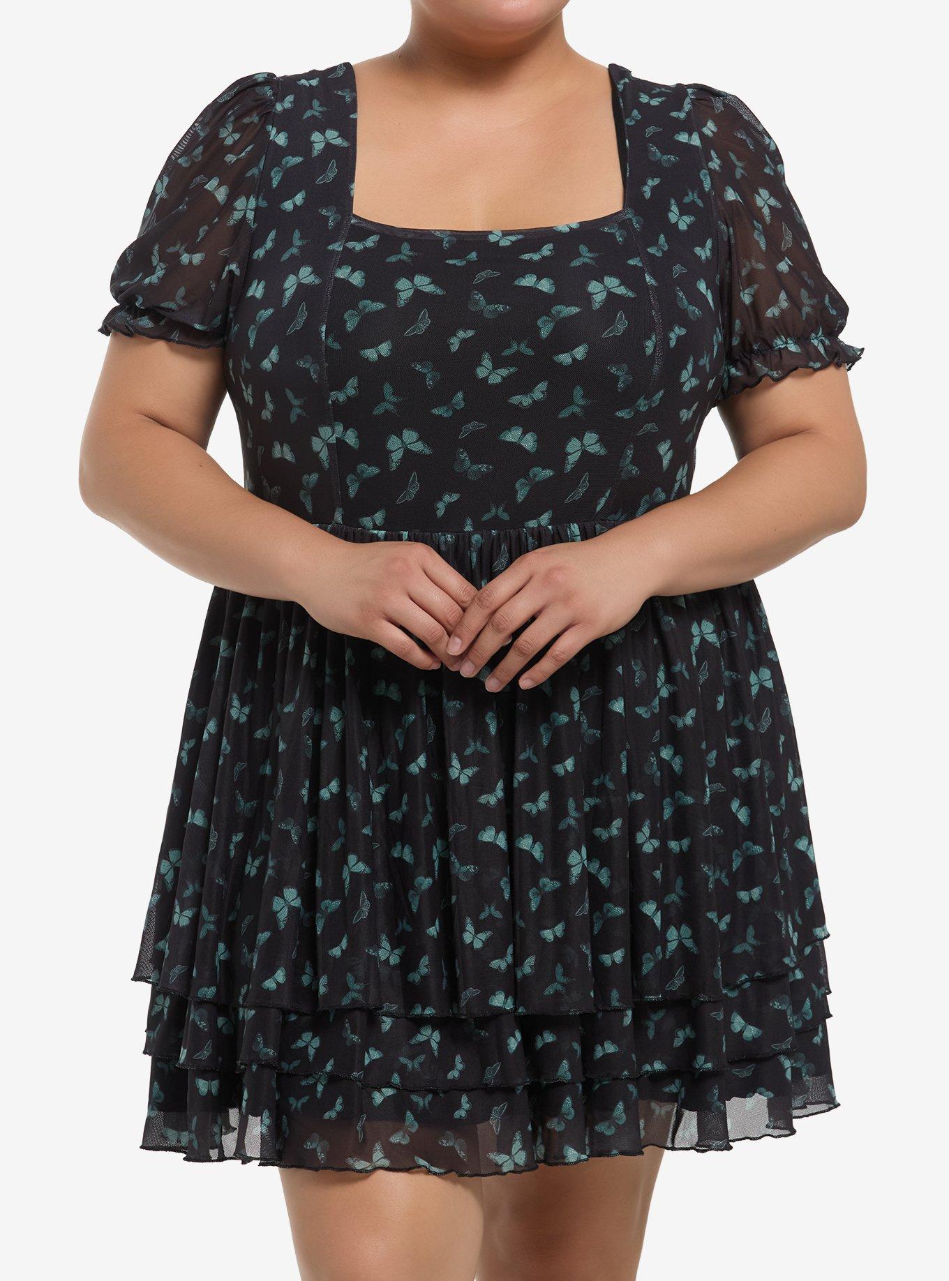 Thorn & Fable Green Butterfly Tiered Dress Plus Size, , hi-res