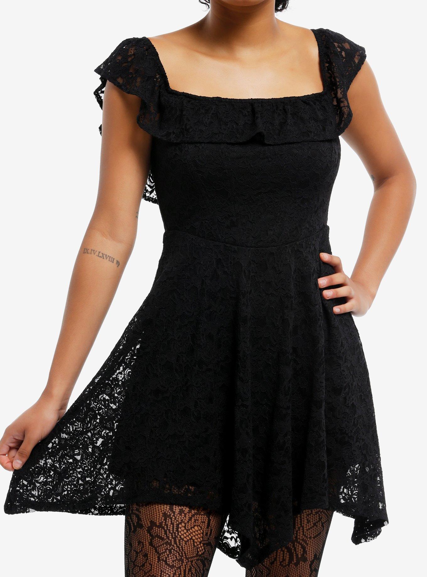 Cosmic Aura Black Lace Hanky Hem Mini Dress, , hi-res