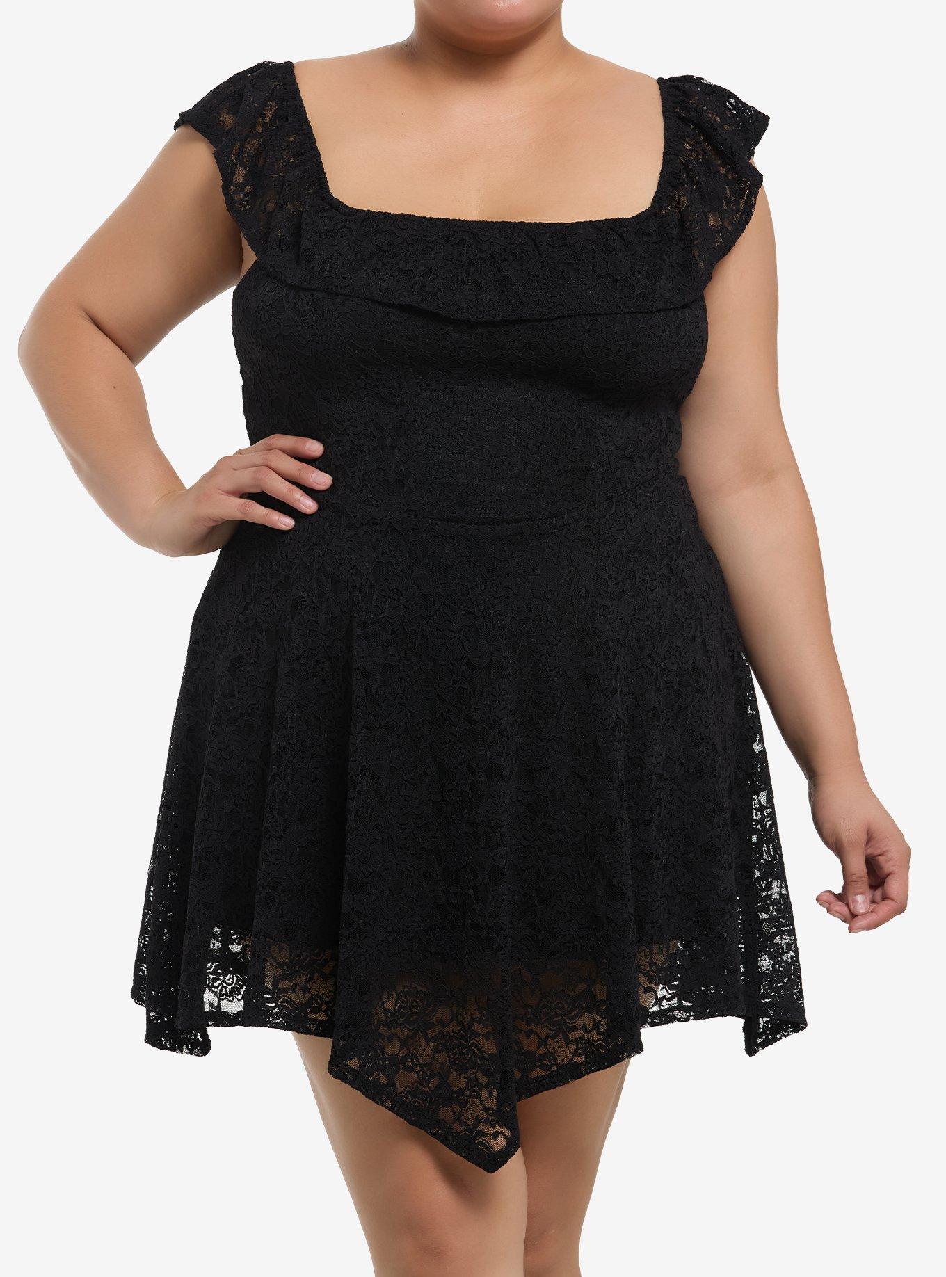 Cosmic Aura Black Lace Hanky Hem Mini Dress Plus Size, , hi-res