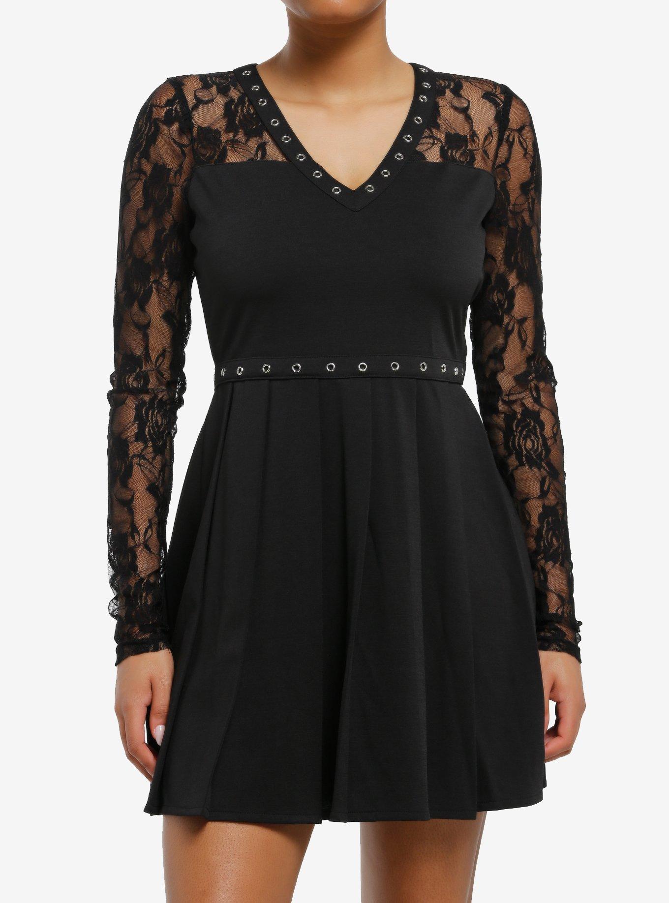 Cosmic Aura Black Lace Panel & Grommet Long-Sleeve Mini Dress, , hi-res
