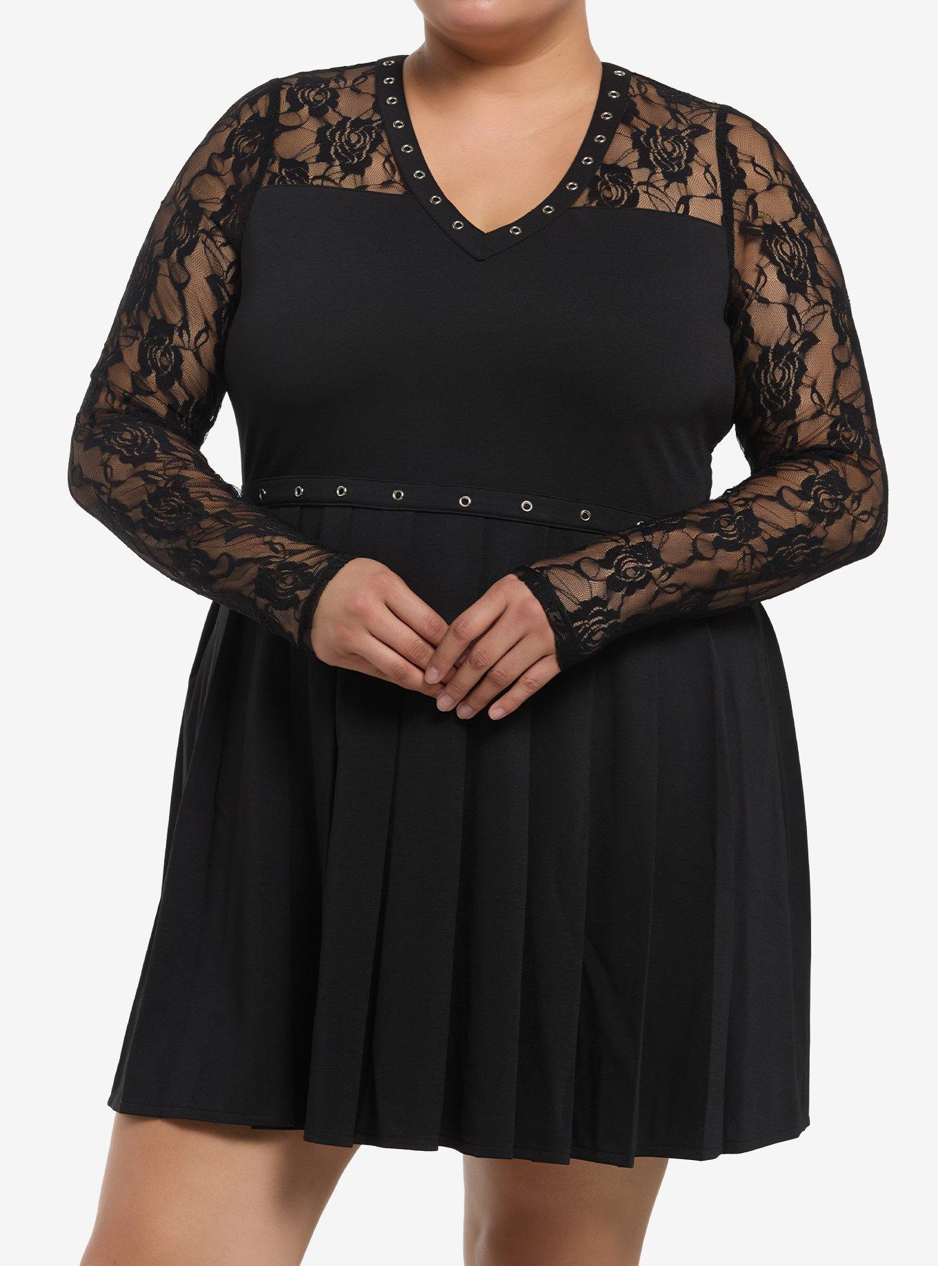 Cosmic Aura Black Lace Panel & Grommet Long-Sleeve Mini Dress Plus Size, , hi-res