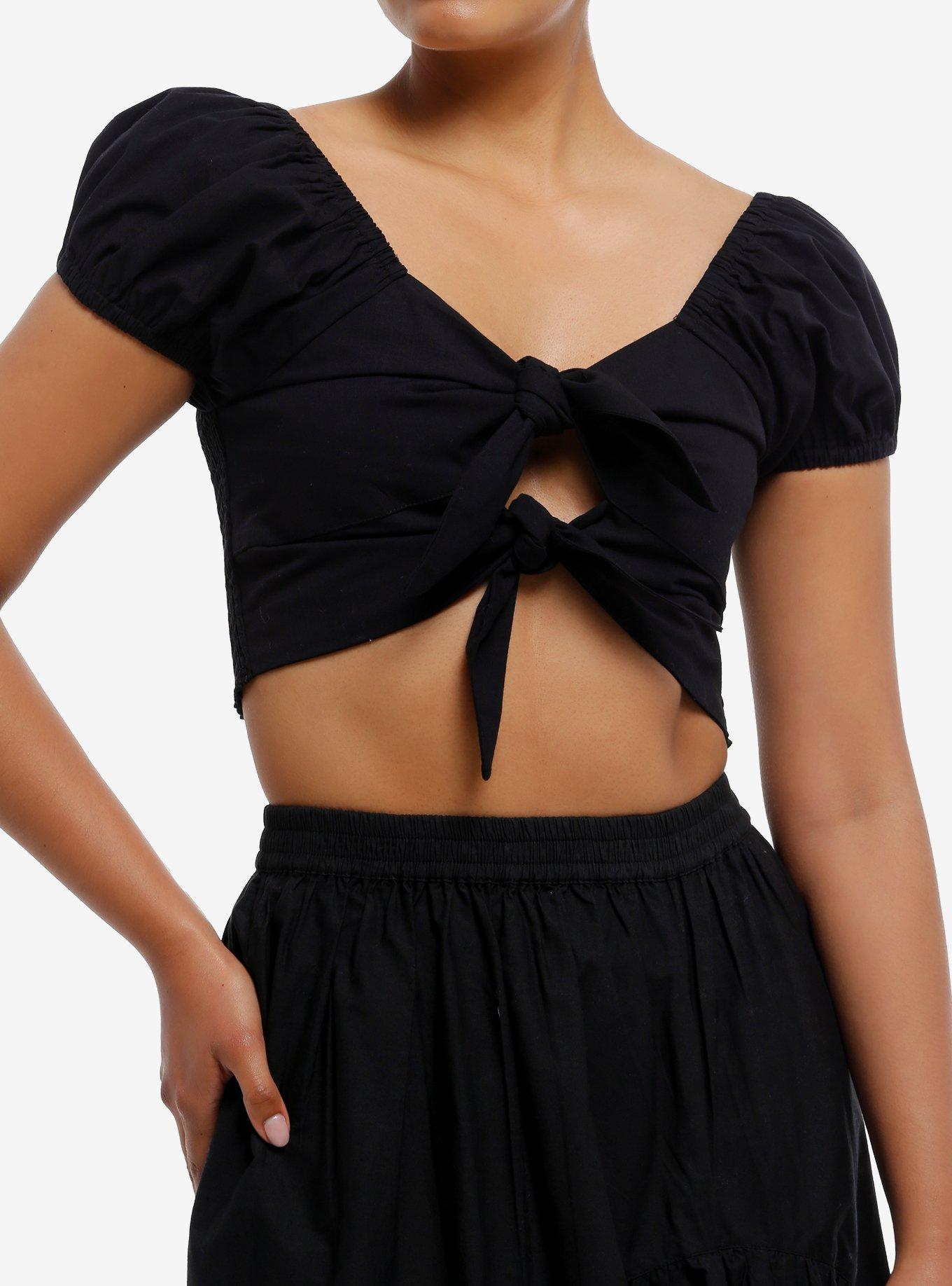Cosmic Aura Black Tie-Front Girls Crop Top, BLACK, hi-res
