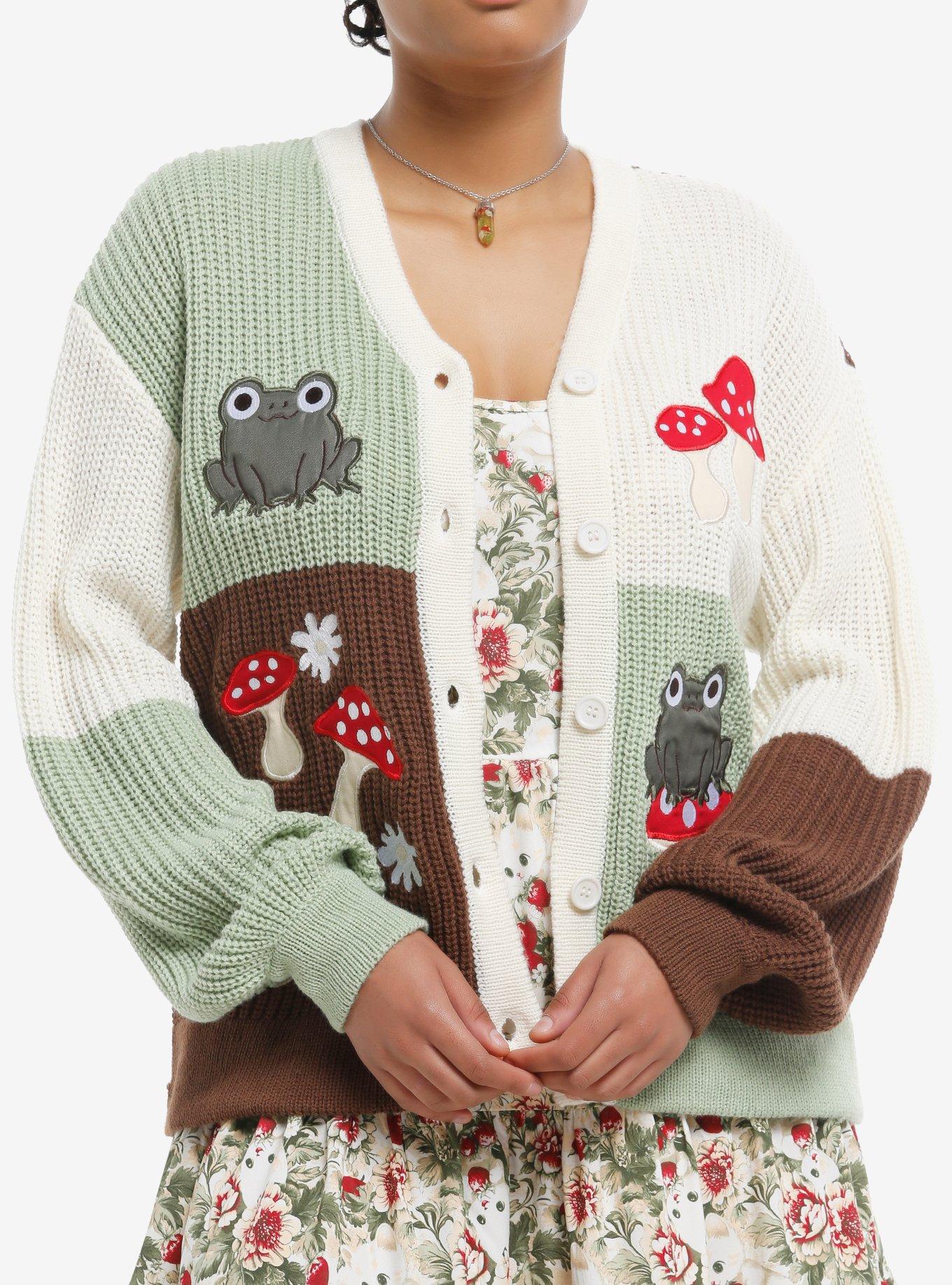 Thorn & Fable Frogs & Mushrooms Color-Block Girls Cardigan, , hi-res