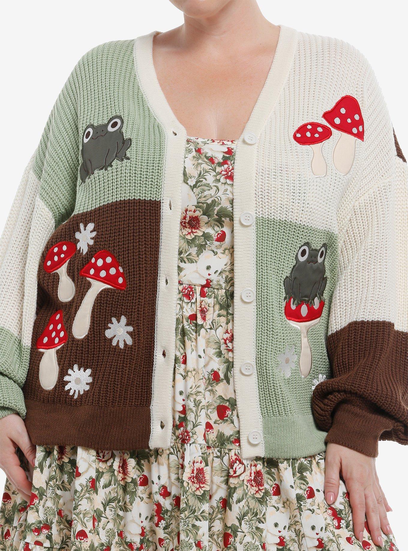 Thorn & Fable Frogs & Mushrooms Color-Block Girls Cardigan Plus Size, , hi-res