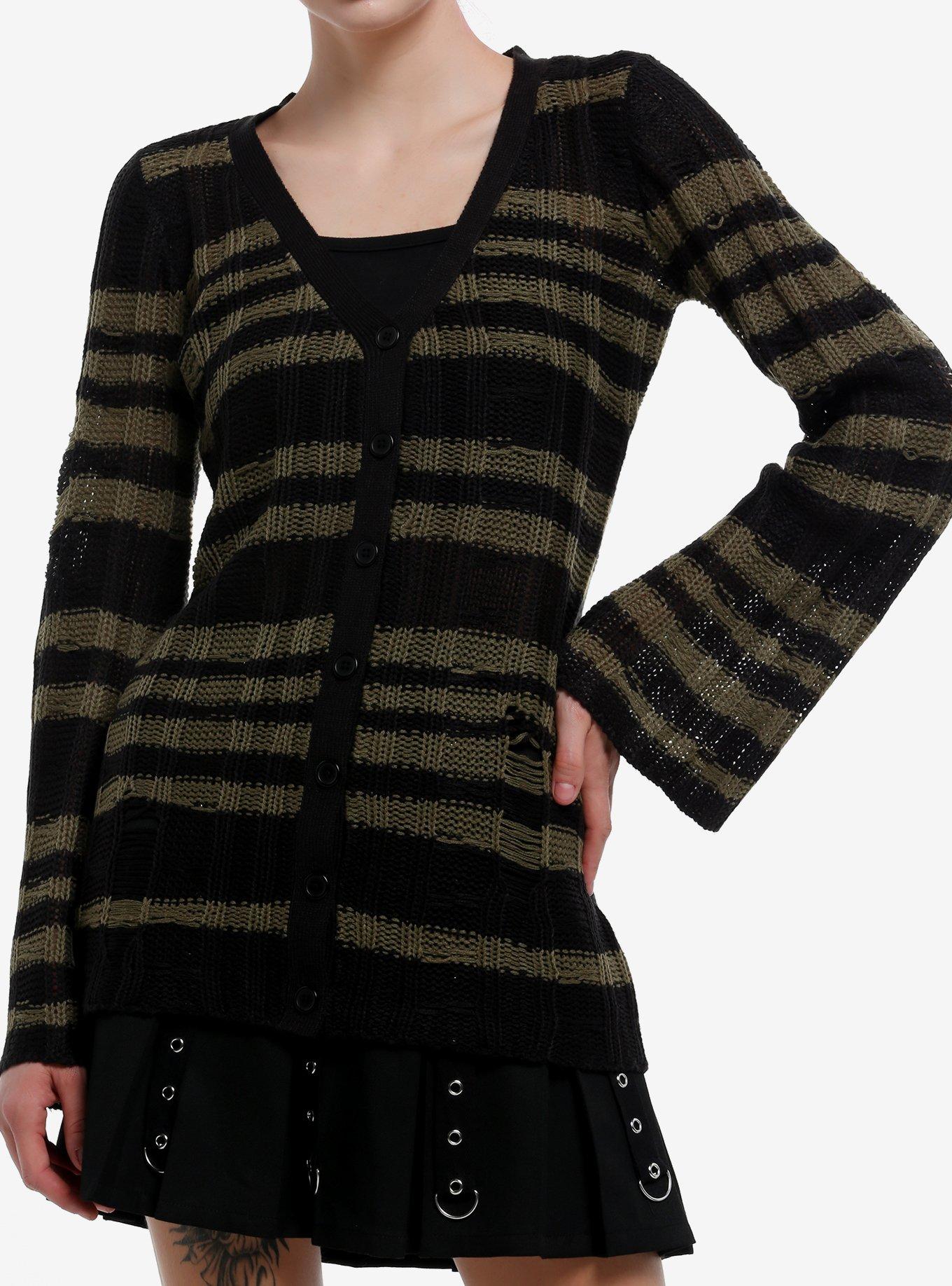 Cosmic Aura Black & Green Stripe Distressed Girls Cardigan, , hi-res