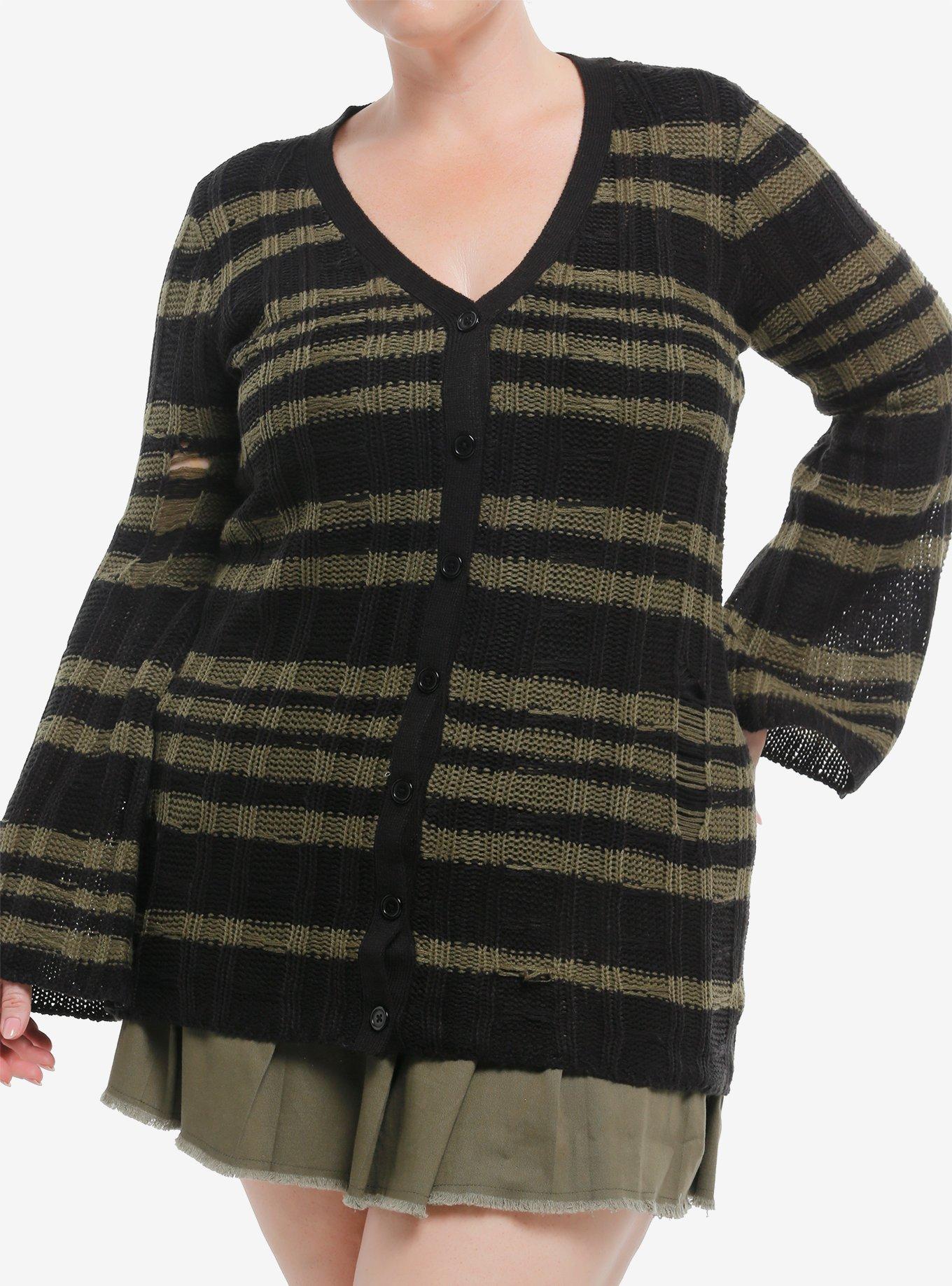 Cosmic Aura Black & Green Stripe Distressed Girls Cardigan Plus Size, , hi-res