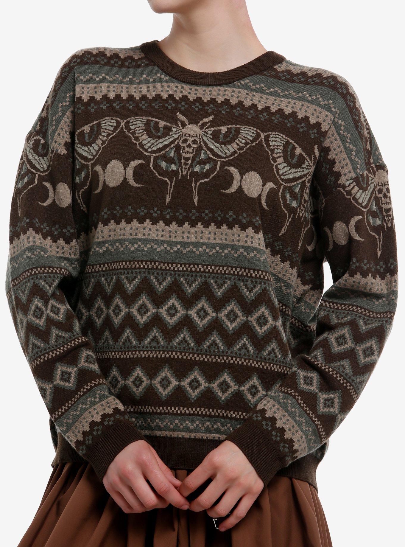 Cosmic Aura Death Moth Grunge Fair Isle Girls Sweater, GREEN, hi-res