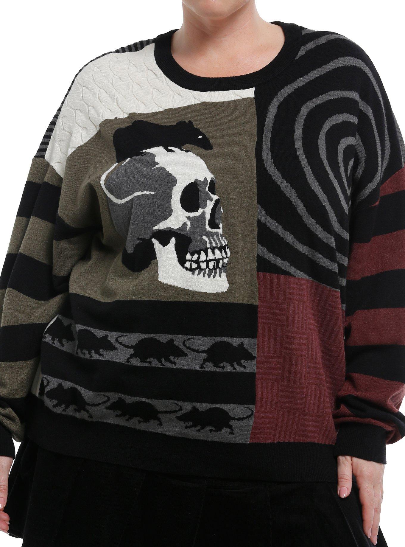 Rat Skull Grunge Patchwork Girls Sweater Plus Size, , hi-res