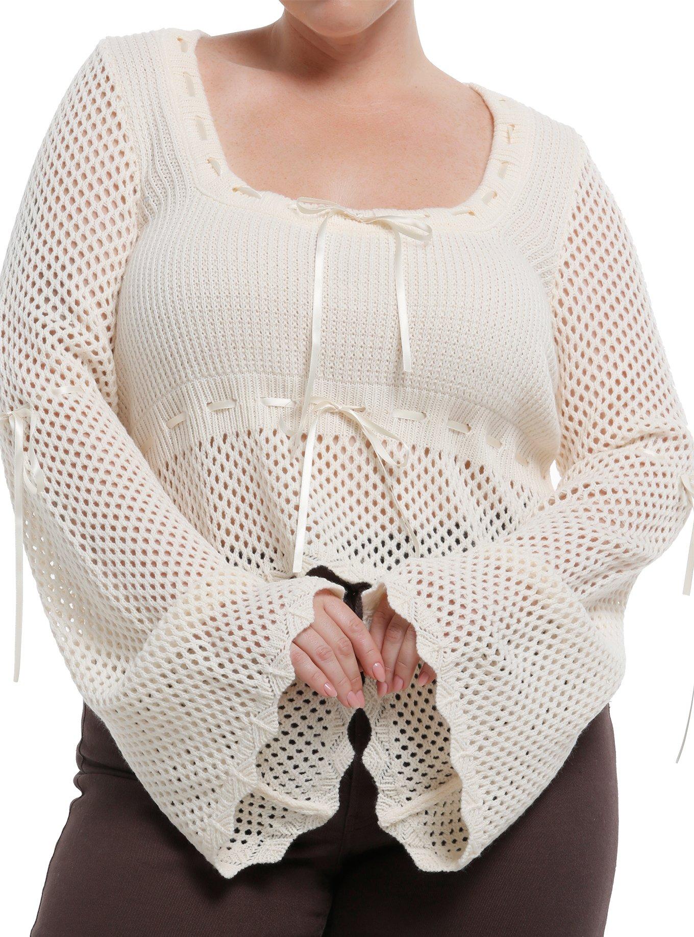 Thorn & Fable Ivory Ribbon Knit Girls Long-Sleeve Top Plus Size, , hi-res