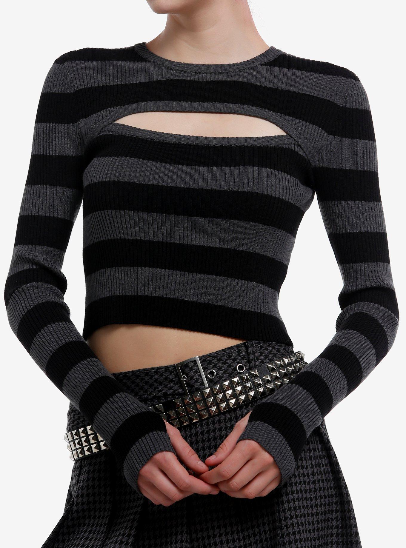 Black & Dark Grey Cut-Out Girls Crop Long-Sleeve Top, , hi-res