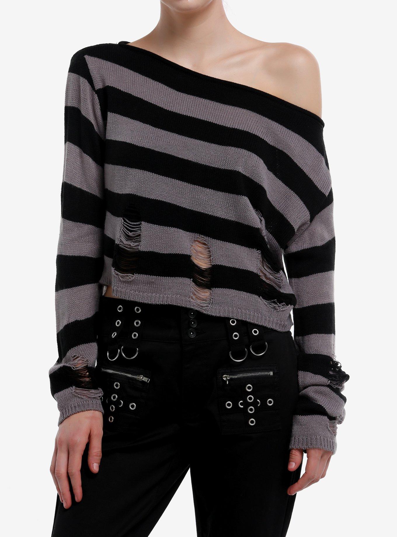 Social Collision Grey & Black Striped Distressed Slouchy Girls Crop Sweater, , hi-res