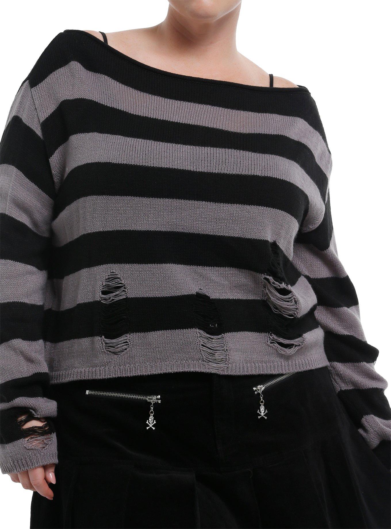 Social Collision Grey & Black Striped Distressed Slouchy Girls Crop Sweater Plus Size, , hi-res