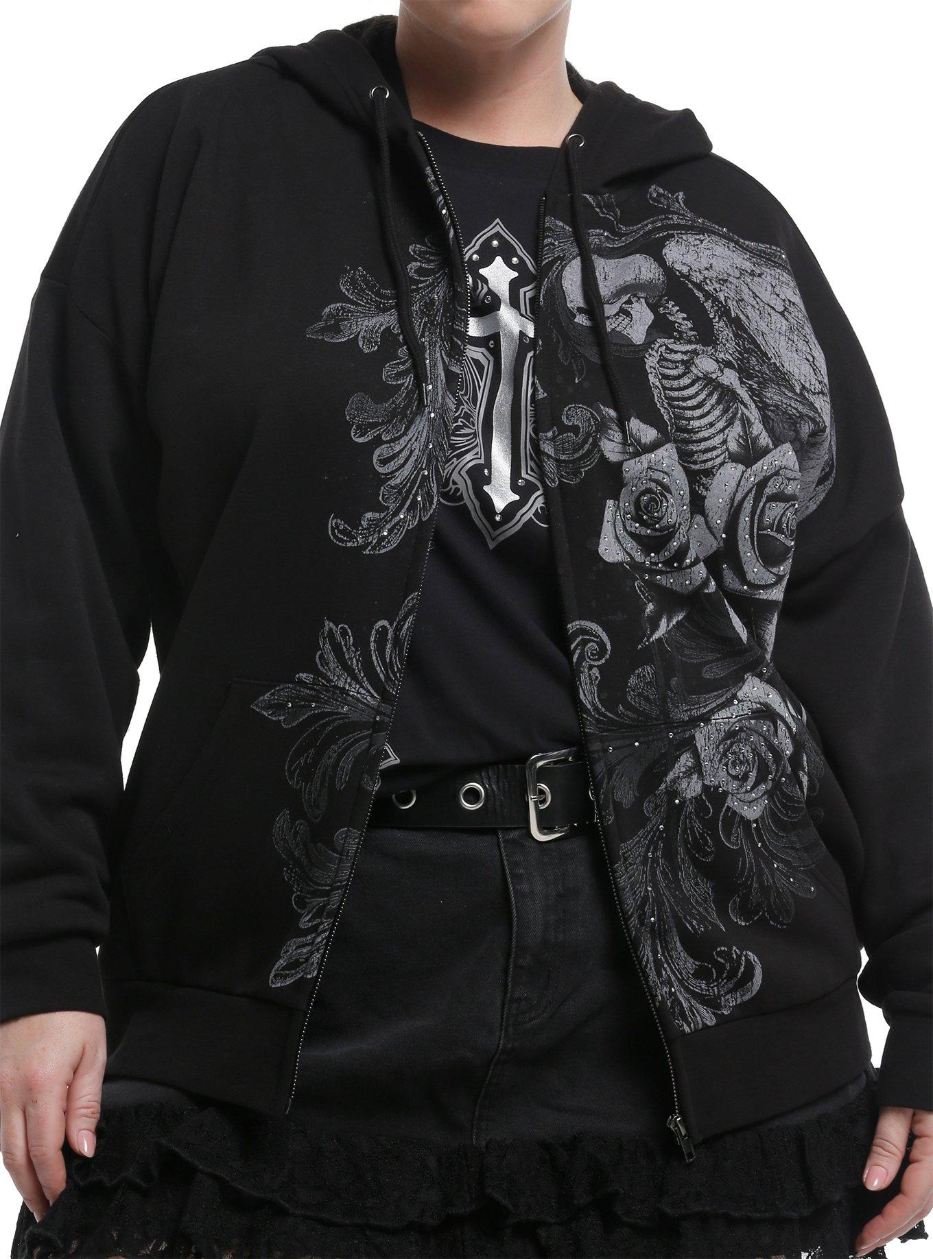 Social Collision Skeleton Fated Destiny Rhinestone Girls Hoodie Plus Size, , hi-res