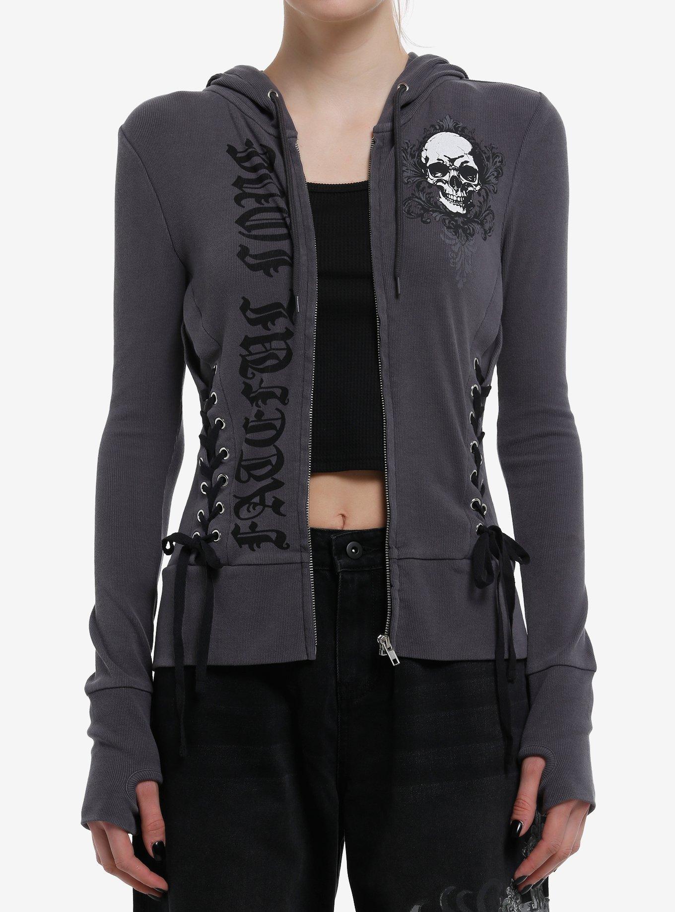 Fateful Love Skull Lace-Up Girls Hoodie, GREY, hi-res