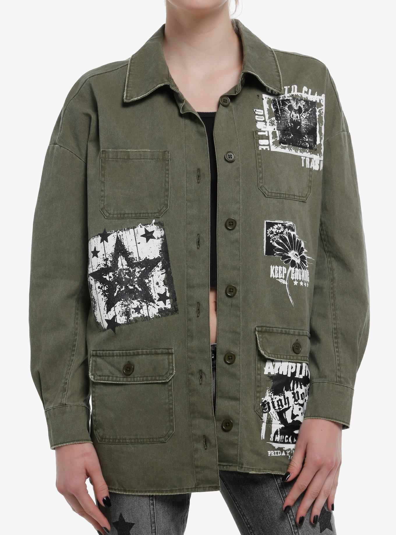 Olive Green Washed Punk Patches Girls Work Jacket | Hot Topic