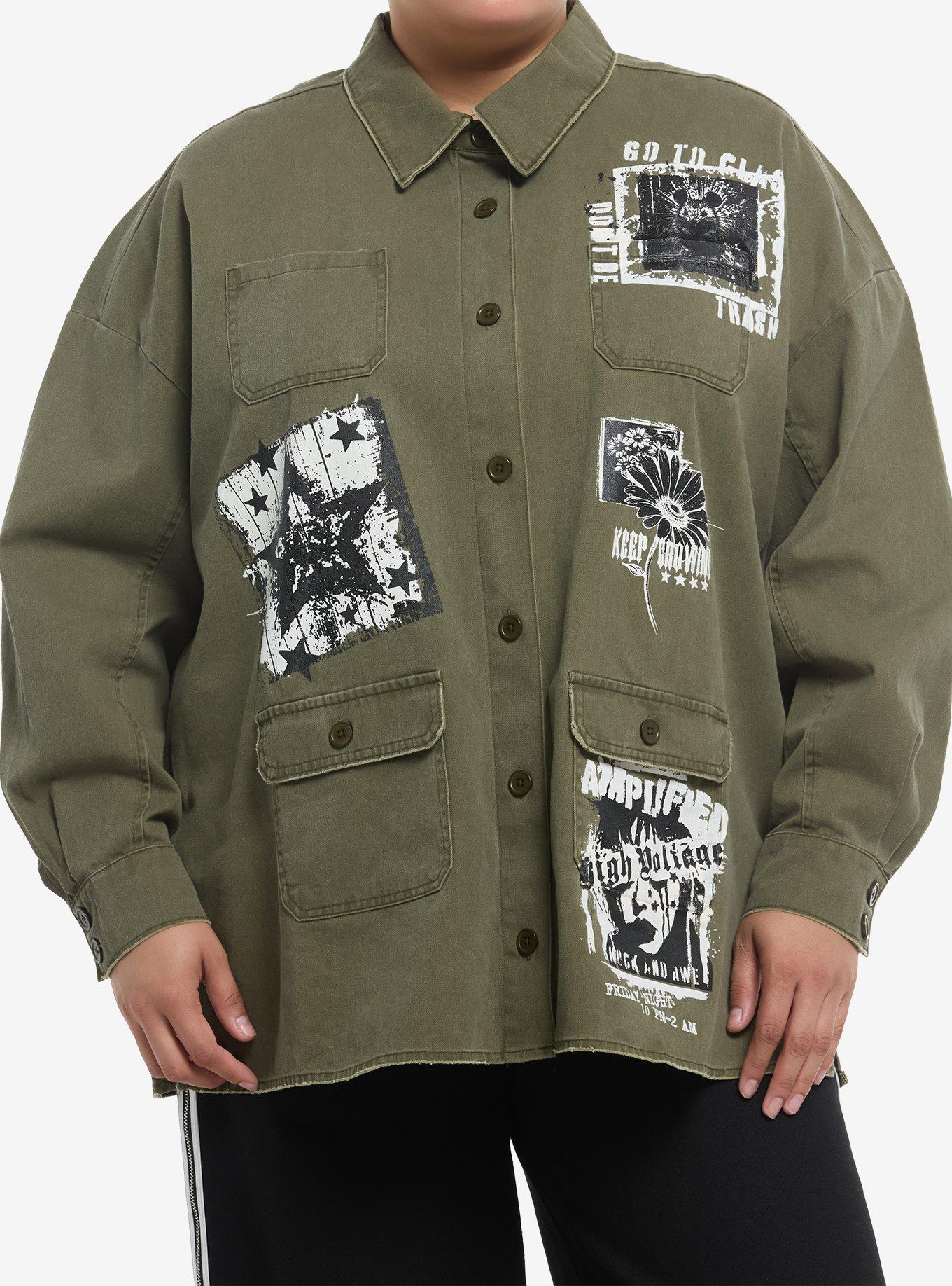 HOTTOPIC Olive Green Washed Punk Patches Girls Work Jacket Plus Size