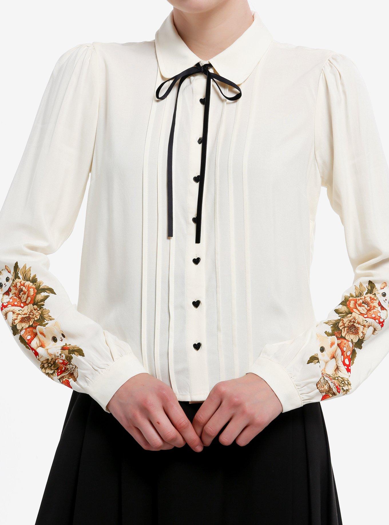 Thorn & Fable Ivory Cats & Mushrooms Girls Woven Long-Sleeve Button-Up, , hi-res