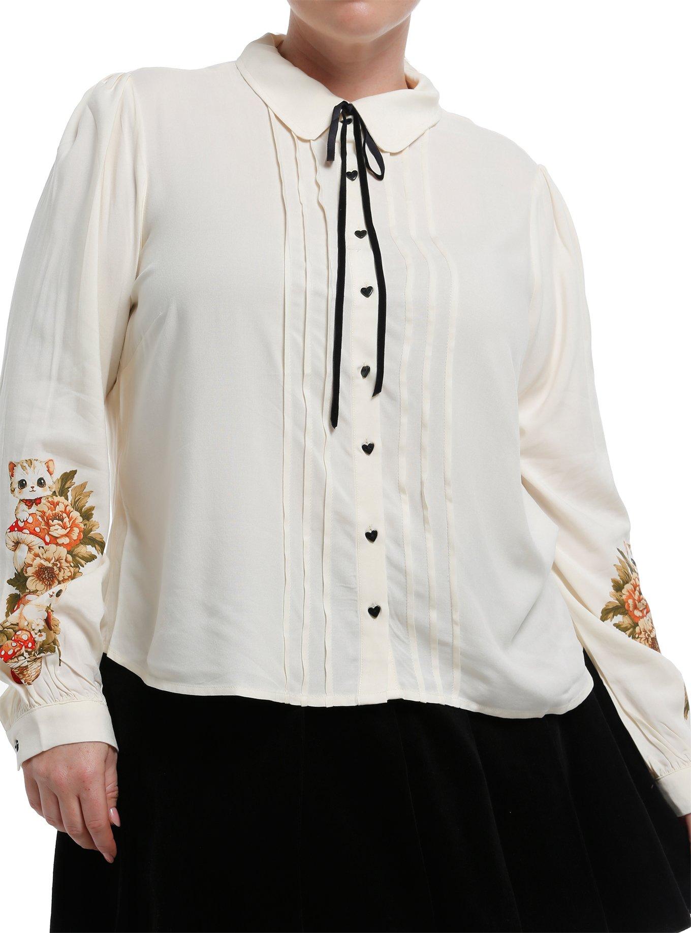 Thorn & Fable Ivory Cats & Mushrooms Girls Woven Long-Sleeve Button-Up Plus Size, , hi-res