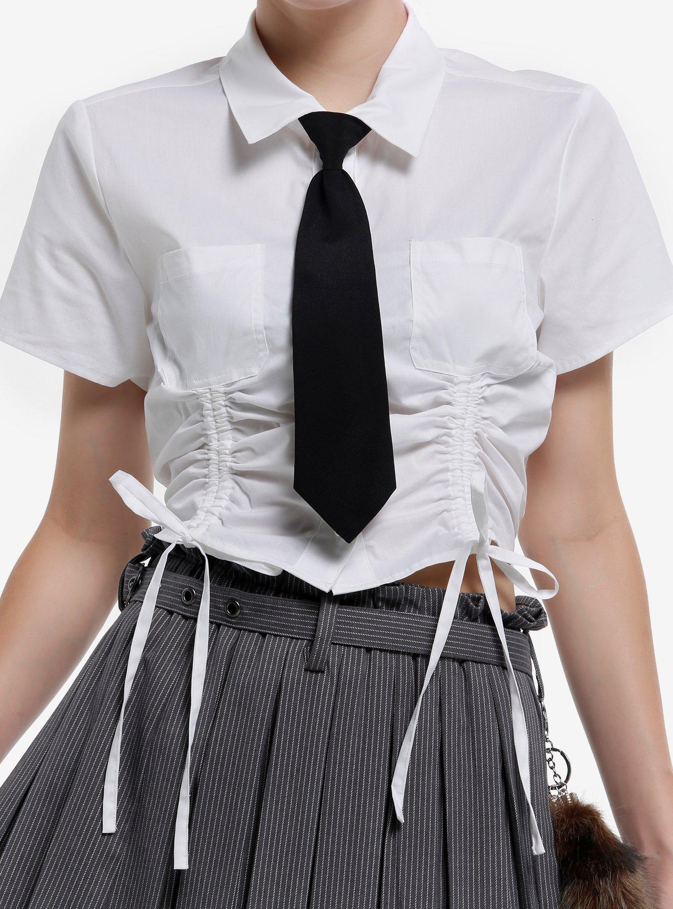 Social Collision White Ruched Girls Crop Woven Button-Up With Collar, , hi-res