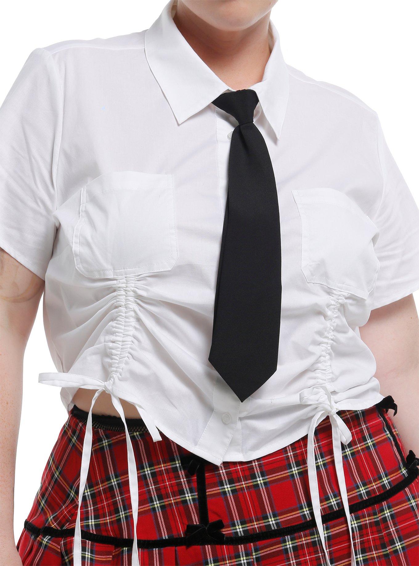 Social Collision White Ruched Girls Crop Woven Button-Up With Collar Plus Size, , hi-res
