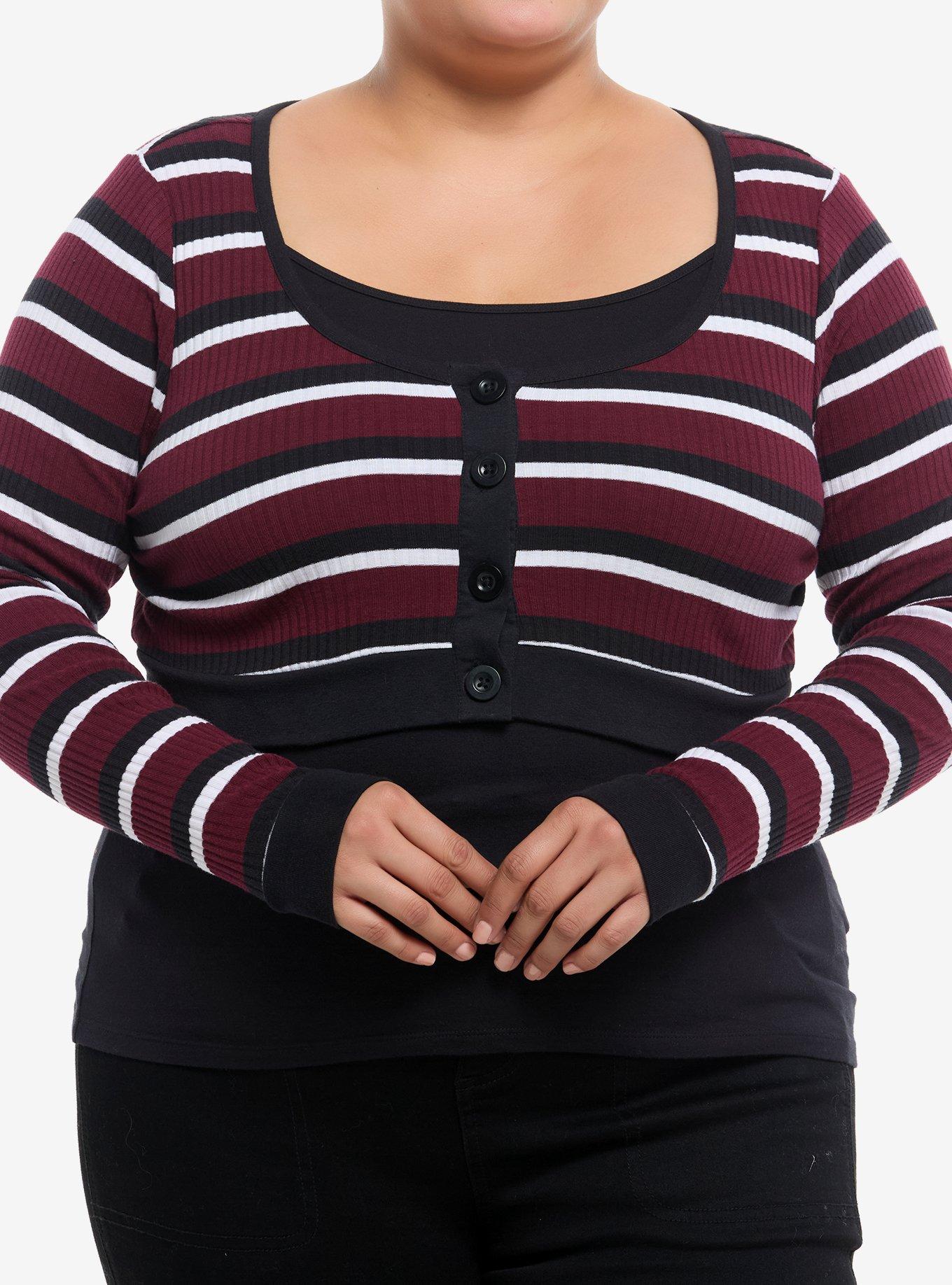 Social Collision Maroon White Stripe Bolero Girls Crop Shrug Plus Size, , hi-res