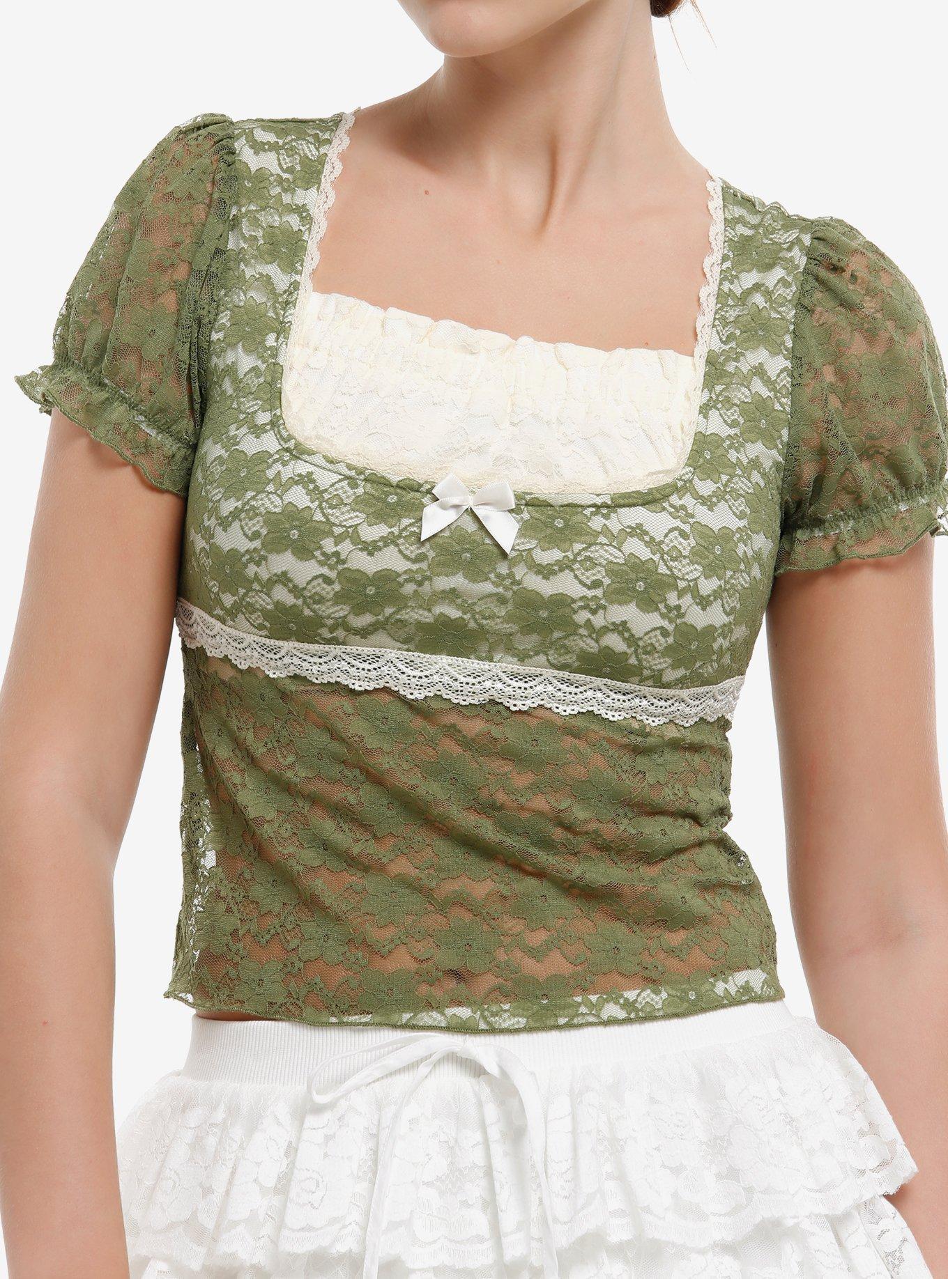THORNANDFABLE Thorn & Fable Green & Cream Lace Girls Puff-Sleeve Top