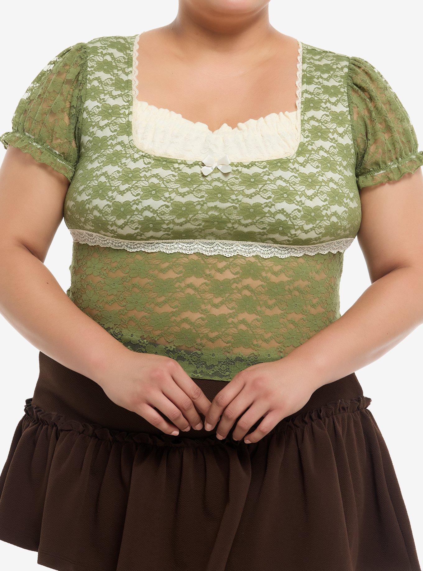 Thorn & Fable Green & Cream Lace Puff-Sleeve Top Plus Size, , hi-res