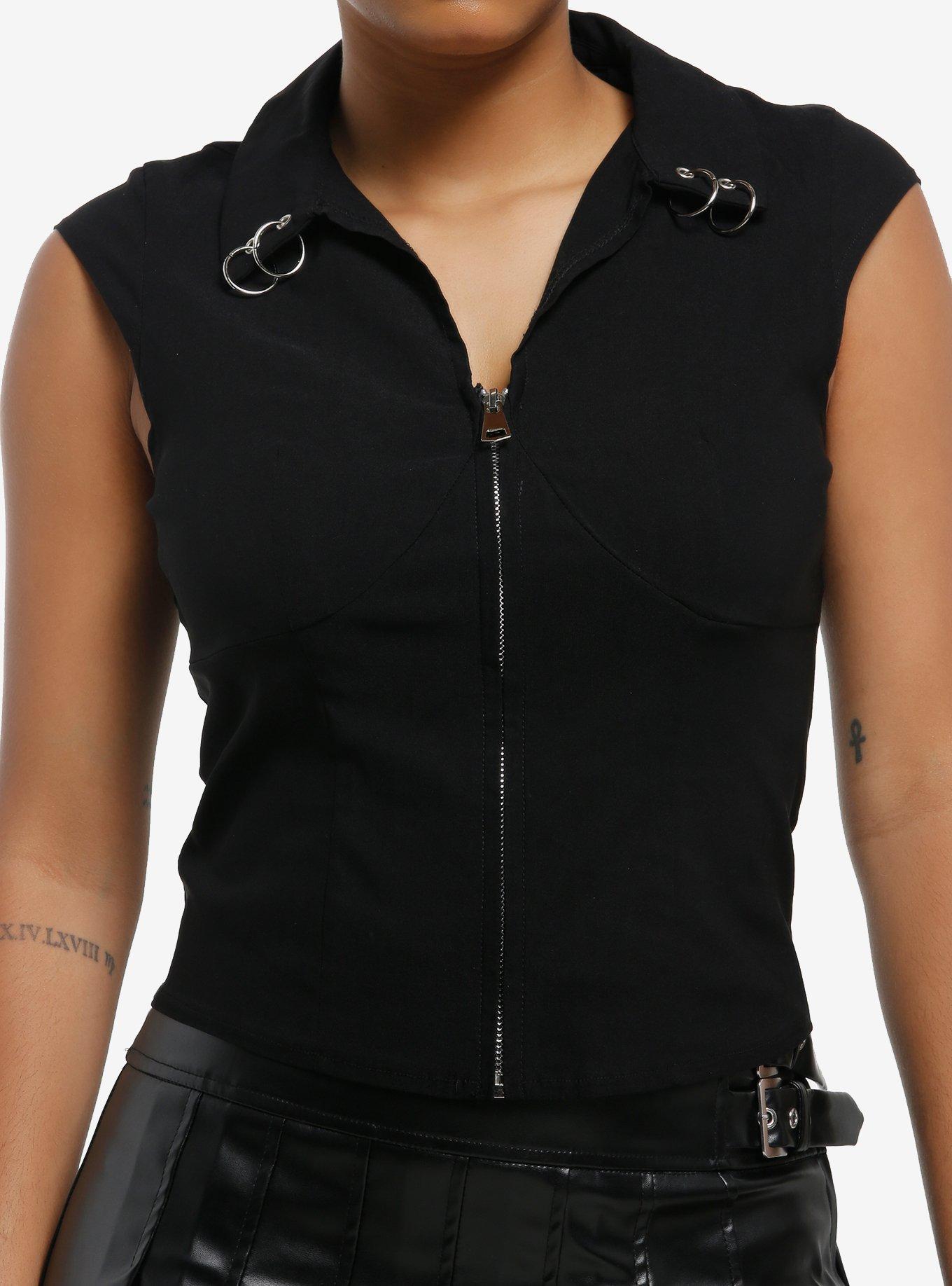 Black Zipper Pierced Girls Collared Top, , hi-res