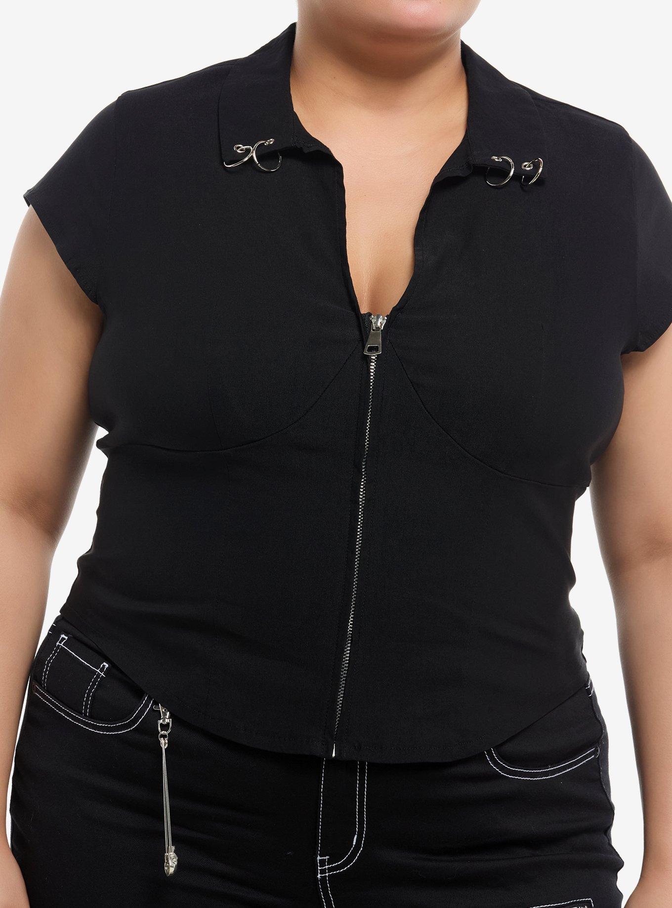 Black Zipper Pierced Girls Collared Top Plus Size, GREY, hi-res